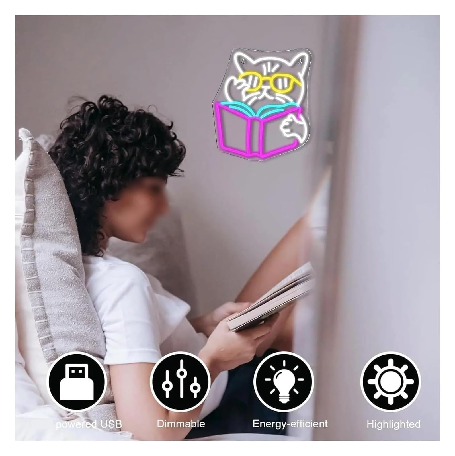 Generico Insegna al neon con gatto che legge un libro, luce dimmerabile per biblioteca, aula, 32 cm x 37