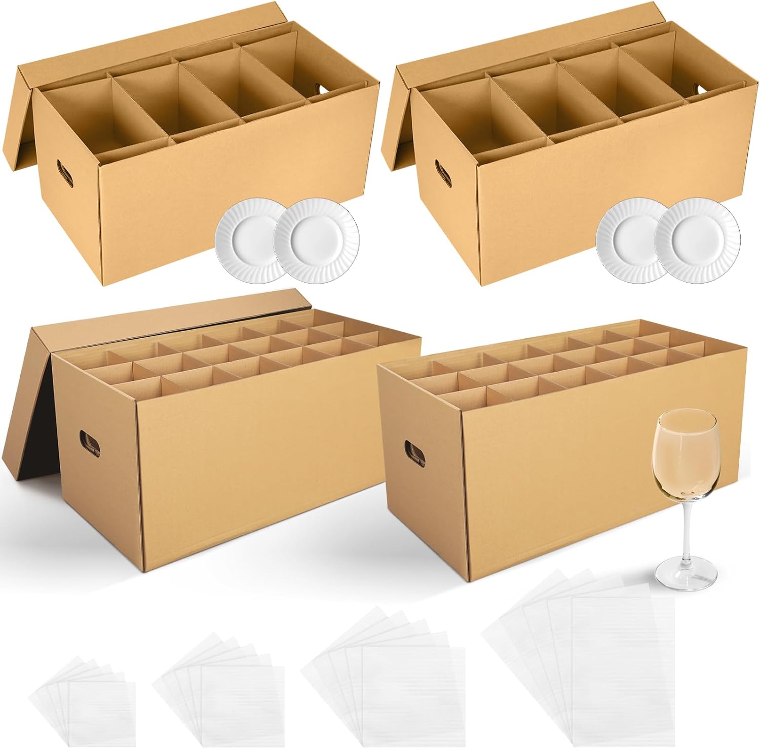 4 Sets Kitchen Moving Boxes with Handle 24 x 12 x 11 Inches Wine Glass Packing Moving Boxes Dish Saver Kit Kitchen Kit with Lid and Divider Foam Pouches for Glassware Packing Transportation