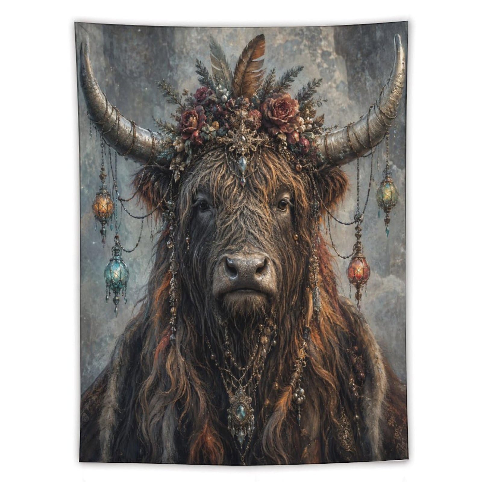 W7C8U2X3 Highland Cow Boho Portrait Wall Tapestry, Warm Country Mood