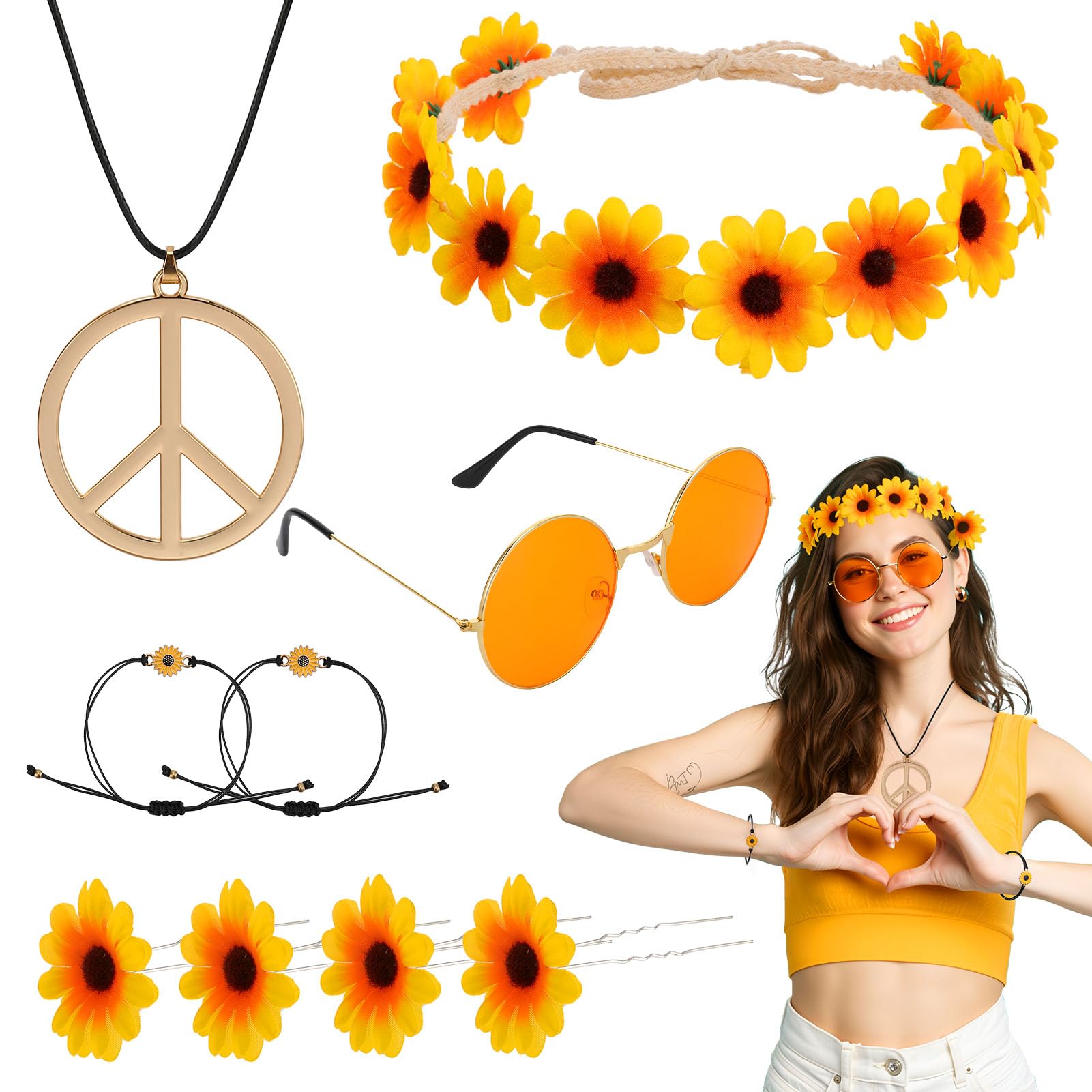 GSrenyu 9 PCS Hippie Accessories, Hippie Costume for Women Includes Sunflower Headband Flower Sunglasses, Daisy Hair Fork