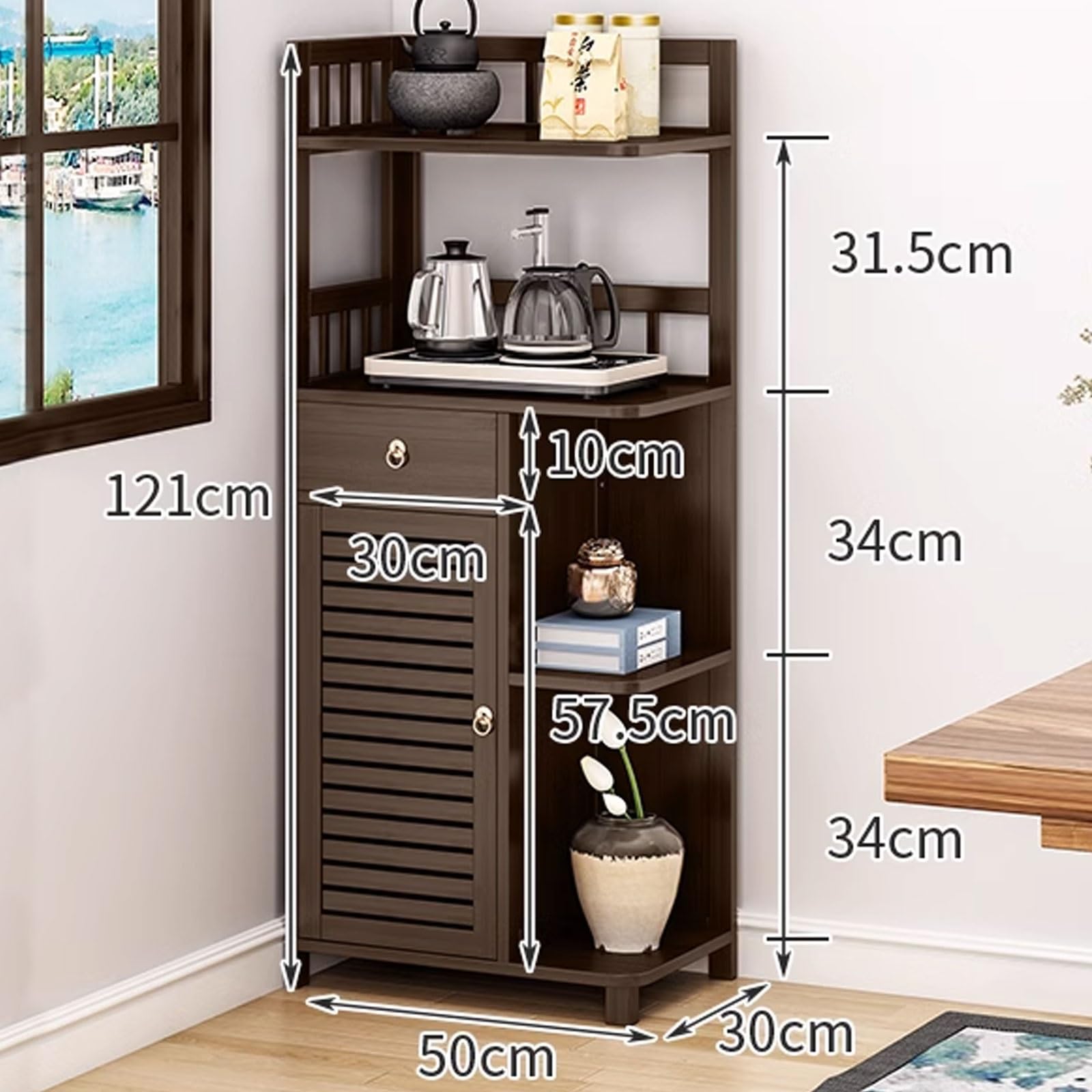 Eckschrank Klein Belastbar Bis Zu 60 Kg Bambusmaterial Freistehender Eckschrank Mehrere Speicheroptionen Top Zaun Lagerung für Wohnzimmer, Heimbüro, Flur(Brown,50 * 30 * 121CM)
