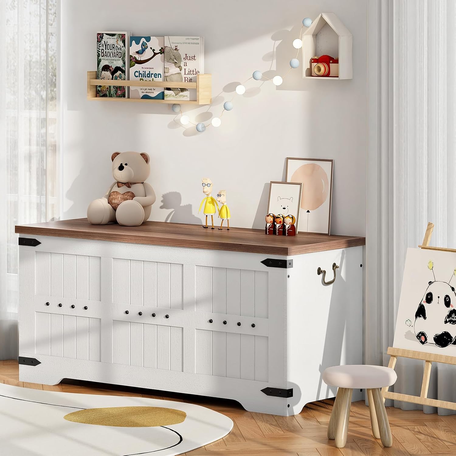 HOOBRO Toy Box, Storage Bench with Safety Hinges, Wooden Toy Chest, 39.4" Farmhouse Storage Chest, for Entryway, Bedroom, Living Room, White and Walnut WH507CW01