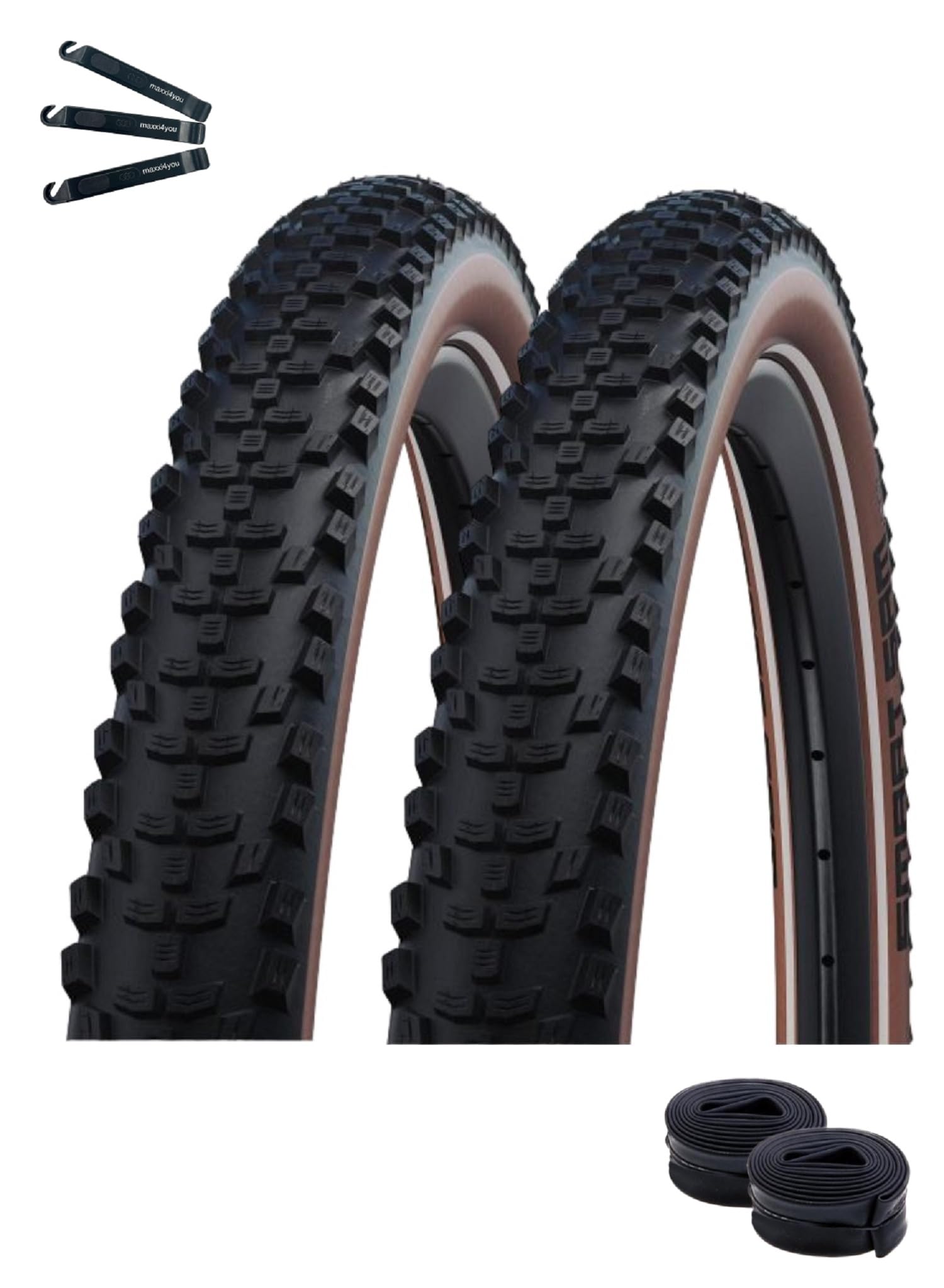 2 x Schwalbe Smart Sam opony rowerowe ADDIX Performance Line czarne/brązowe 65-622 (29 x 2,60) + 2 x dętka Schwalbe AV19F-40 wraz z łyżką do opon