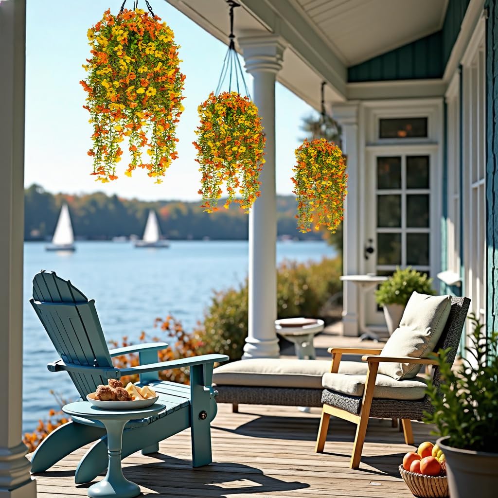 Artificial Fake Hanging Fall Flowers Plants for Outdoors Autumn Decoration,6 PCS Faux Mums Flowers Plants Silk UV Resistant Realistic for Outside Planter Garden Porch Patio Front (Fall Orange Yellow)