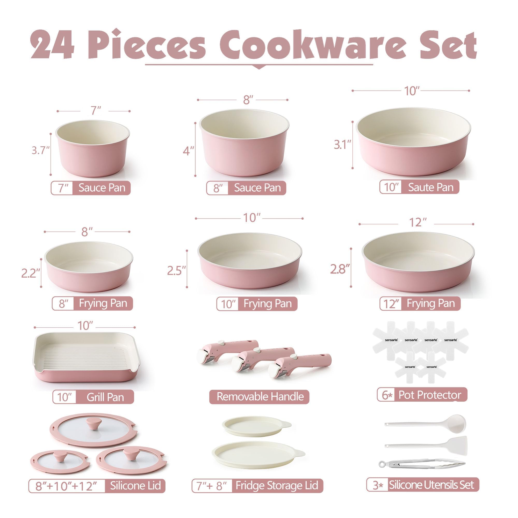SENSARTE Juego de 24 Piezas de Ollas y Sartenes Antiadherentes de Cerámica | Juego de Utensilios de Cocina con Mango Desmontable, Apto para Todo Tipo de Cocinas, Apto Lavavajillas y Horno (Rosa)