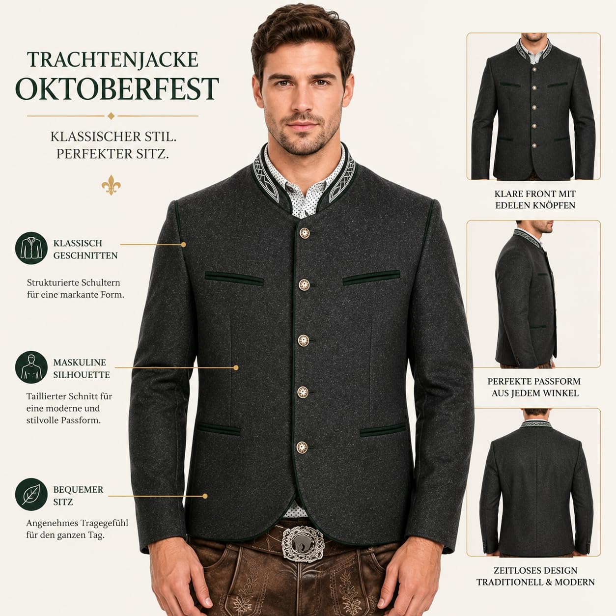 Trachtenjacke Herren Traditioneller Trachtenjanker mit Knopfleiste, Strickjacke Herren, Oktoberfest Outfit, Lederhosen Jacke, Trachtenweste, Trachtenmode für Männer, Schwarz, S-3XL