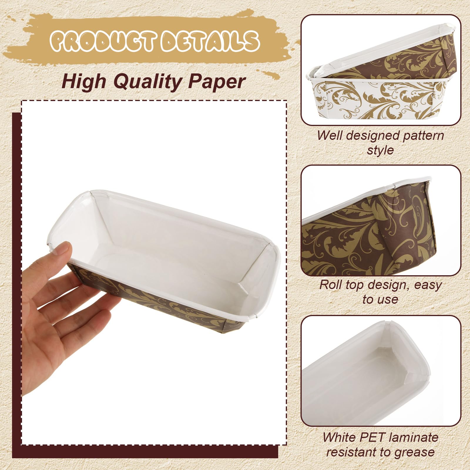 WOPPLXY 100 Stück Papier-Kastenformen, 19 x 8,9 x 6,1 cm, Einweg-Papier-Backformen, rechteckige Papier-Backform für Brot, Kuchen, Bäckerei, mikrowellengeeignet, gefriergeeignet (Weiß, Kaffee)