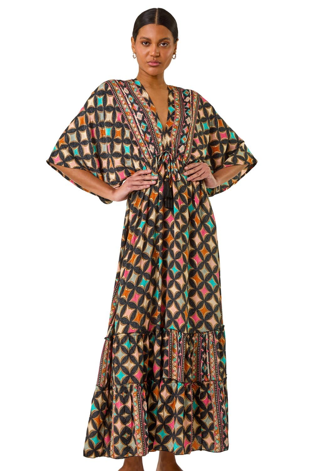 Roman Geo Print V-neck Frill Maxi Dress, Black, Size 16, Women