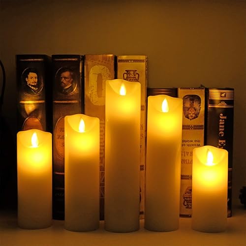 Miniatura 6 de Eldnacele Juego de 5 velas LED parpadeantes sin llama con temporizador remoto, color blanco cálido, funciona con pilas, juego de 5 velas LED