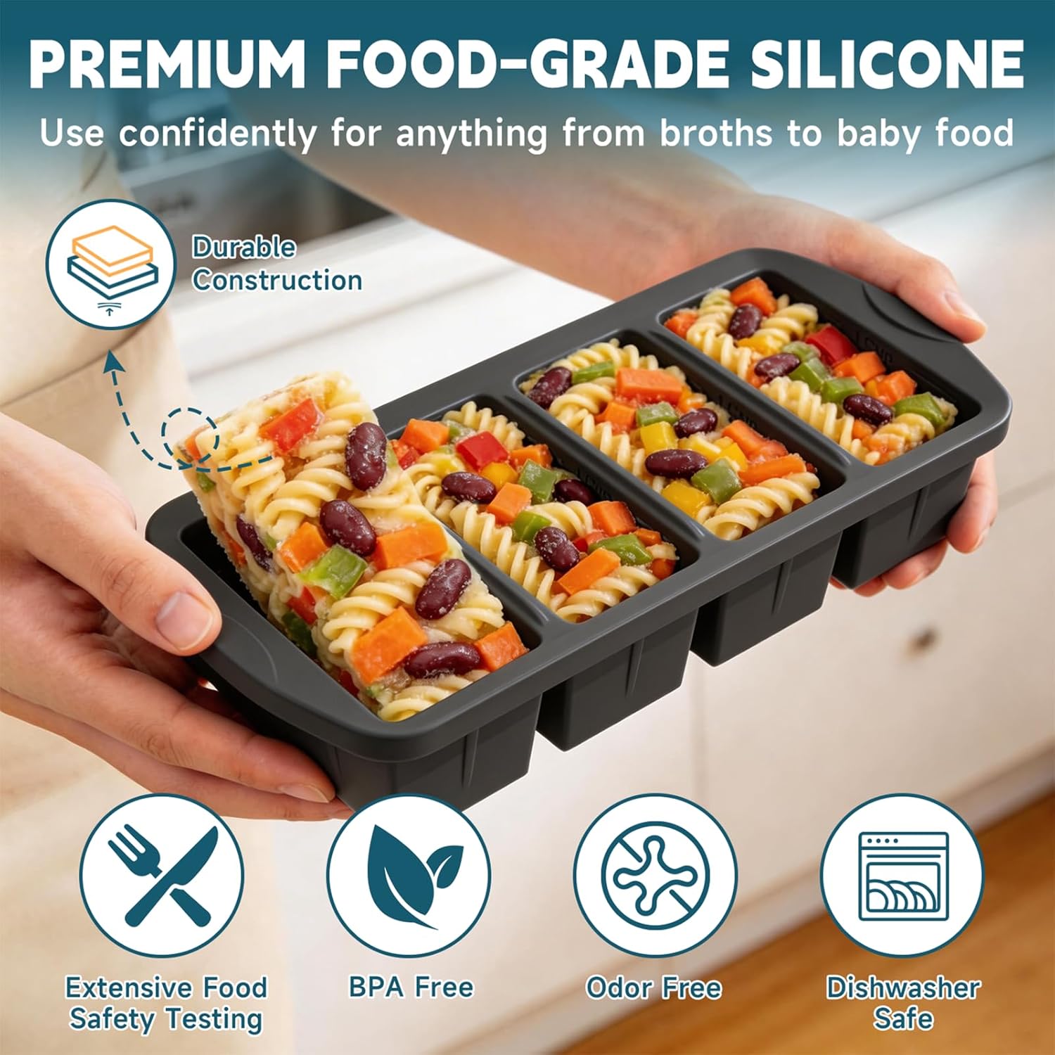4 Pack Silicone Freezer Trays with Lid - Multi-Size 1-Cup & 2-Cup Portions, Food-Grade Silicone Freezer Molds for Soup & Meal Prep - Large Freezer Storage Containers, Oven & Dishwasher Safe - Black