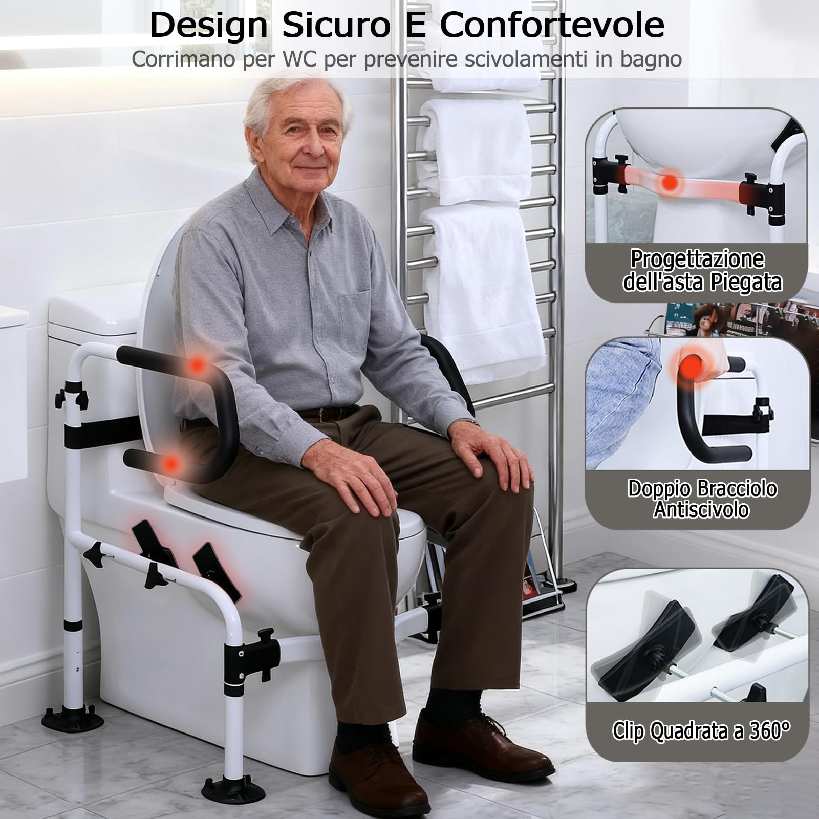 NJUN Supporti di Sicurezza per WC, Larghezza e Altezza Regolabili Telaio di Sicurezza per WC con Corrimano Antiscivolo a Doppio Strato e Grande Ventosa, Supporto WC per Anziani Incinte Disabili