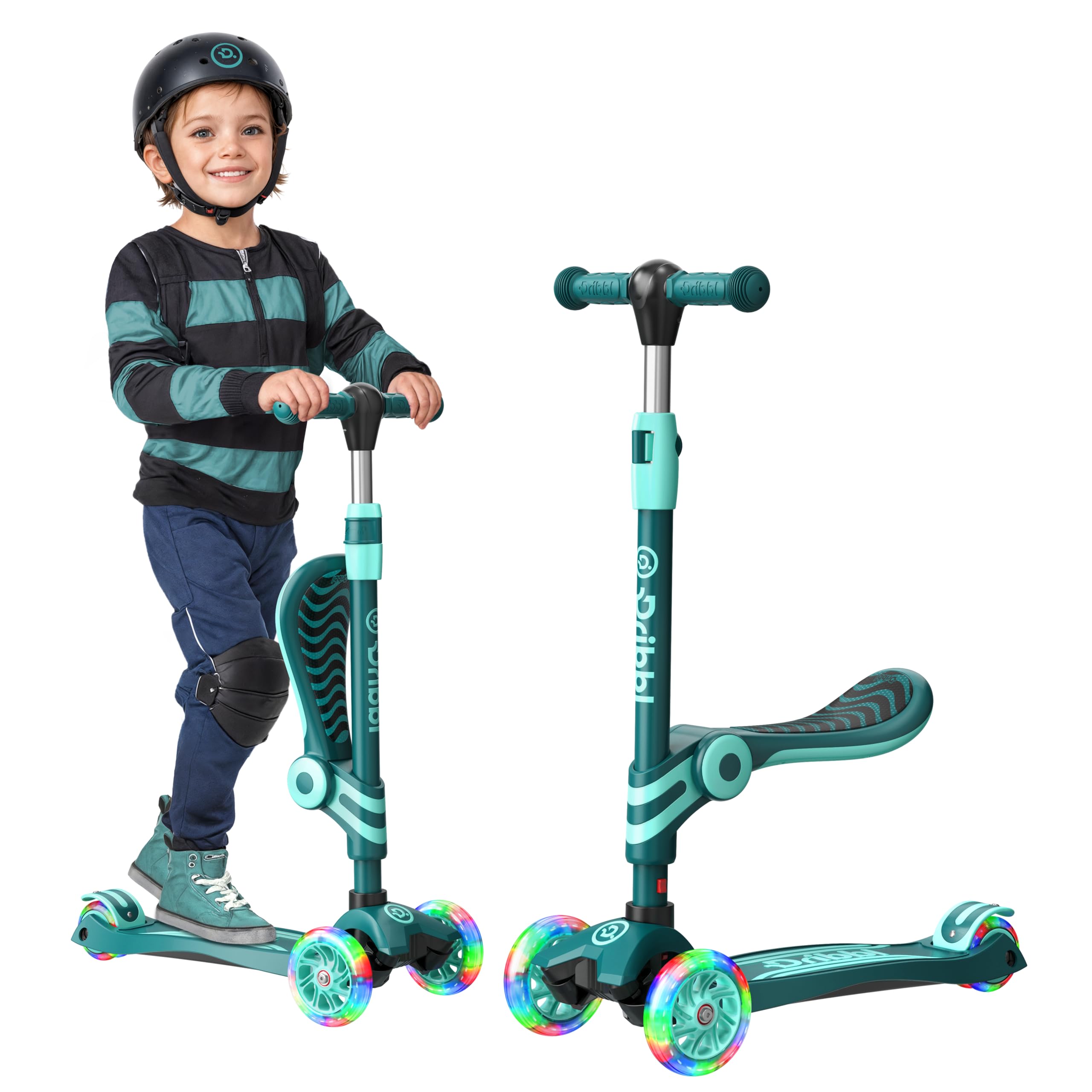 Aqua 3 Wheel Scooter with Seat for Kids, Light-Up Wheels, Adjustable Lean to Steer Handlebar and Seat, Smooth Wheels, Wide No-Slip Deck, Rear Foot Brake, Toddler Outdoor Toys for Ages 2+
