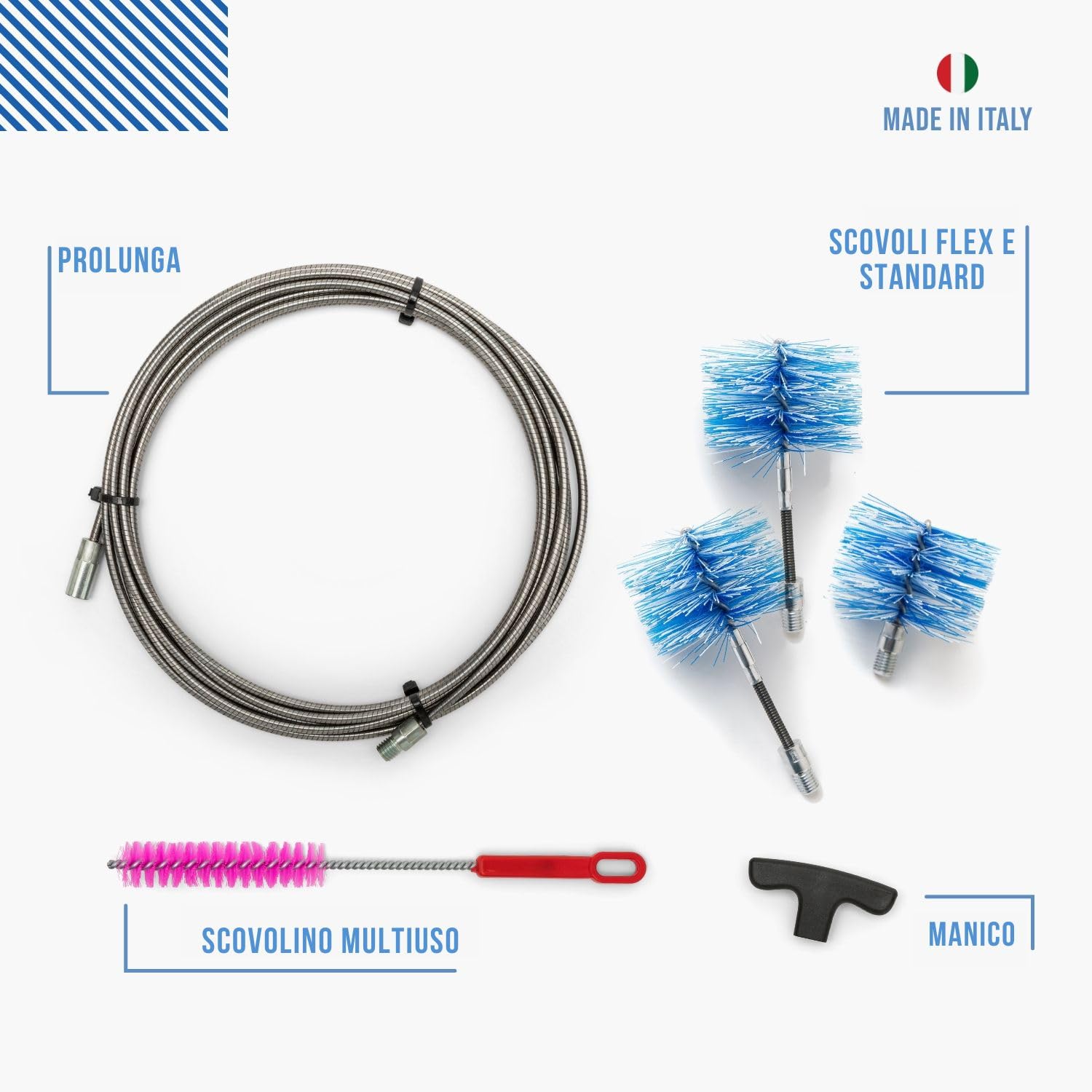 BARETTO PRO | Kit Pulizia Stufa a Pellet | Canna Fumaria Ø 80 + 100 + 120 mm | Lunghezza 9 m Premium | 2 Spazzole Articolate + 1 Standard | Attacco M12