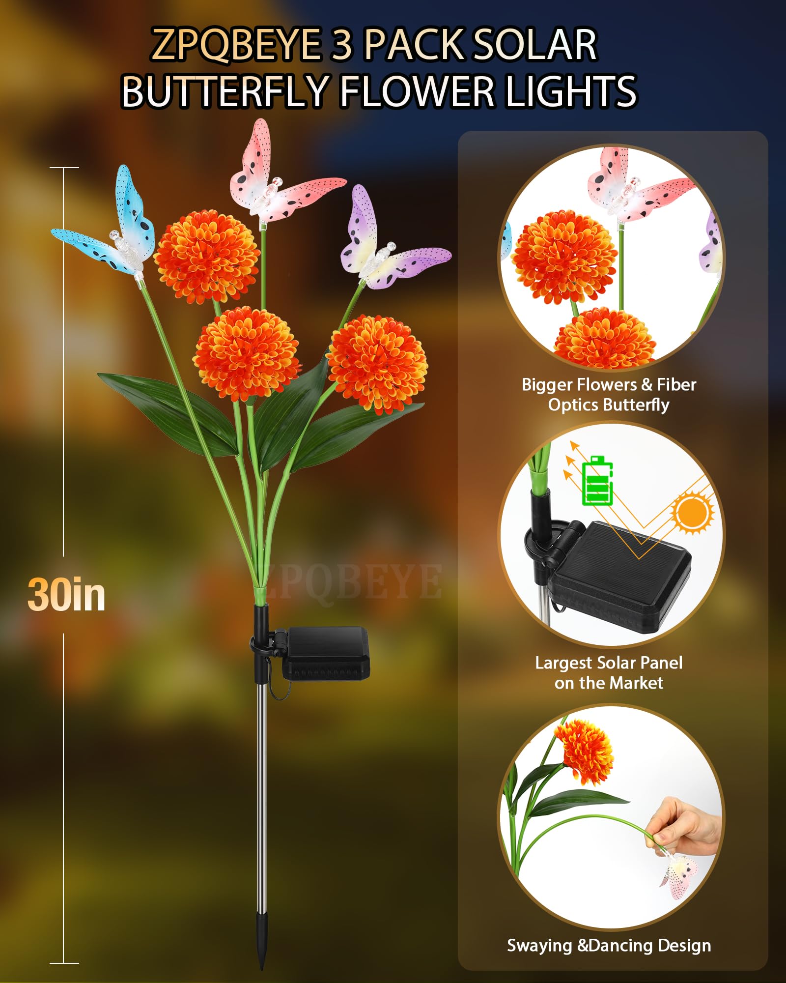 Luces solares de jardín para exteriores, impermeables, decorativas, paquete de 3 luces de mariposa oscilantes con 9 flores grandes, luces solares para decoración de jardín exterior, patio