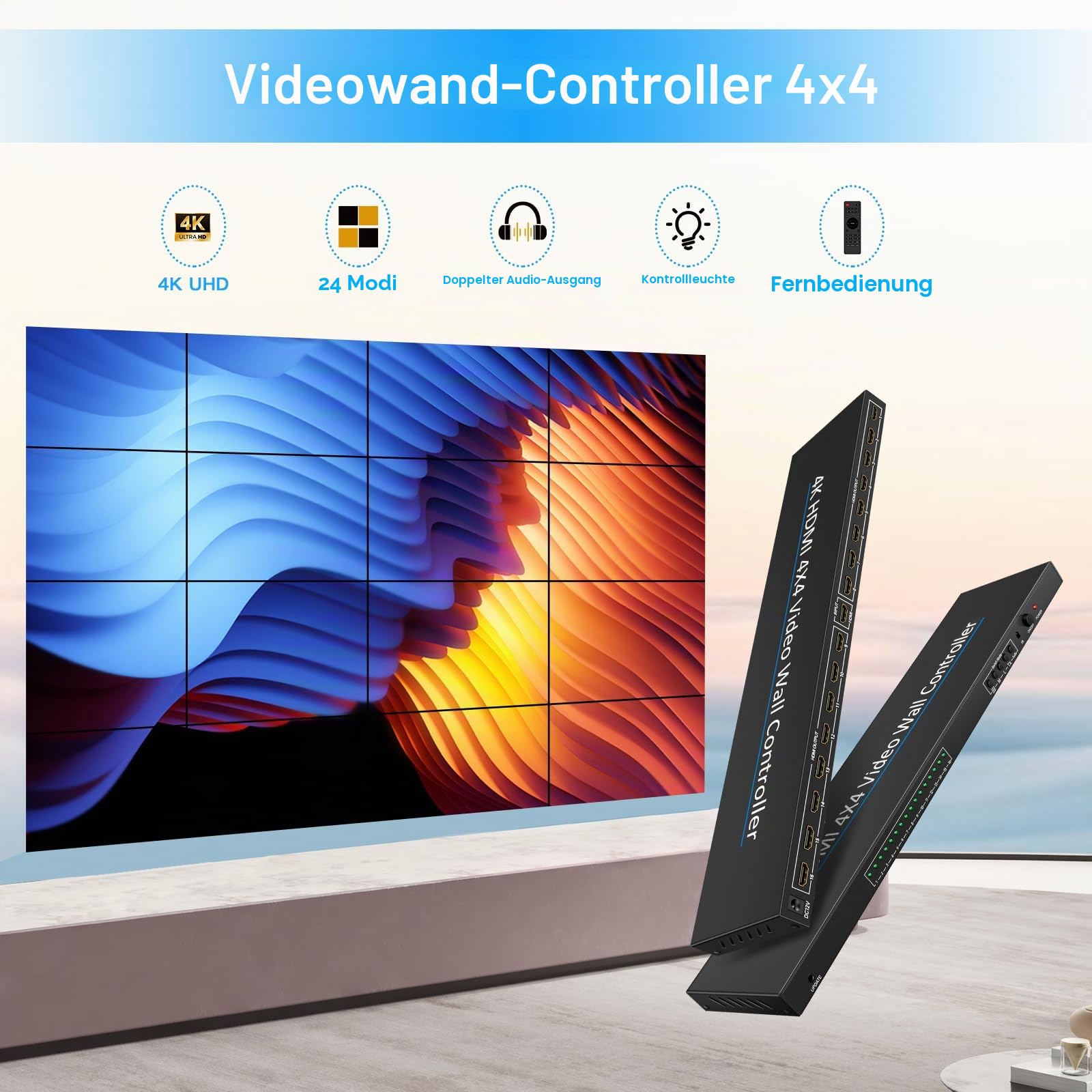 Video Wall Controller 4x4 4K Videowand Controller 3x3 5X2 6X2 5X3 2X7 2x6 3x4 mit 24 Spleißmodi RS232 ，Audio Extractor HD Multimedia Schnittstelle Video Splicer Unterstützt 1 Eingang und 16 Ausgänge
