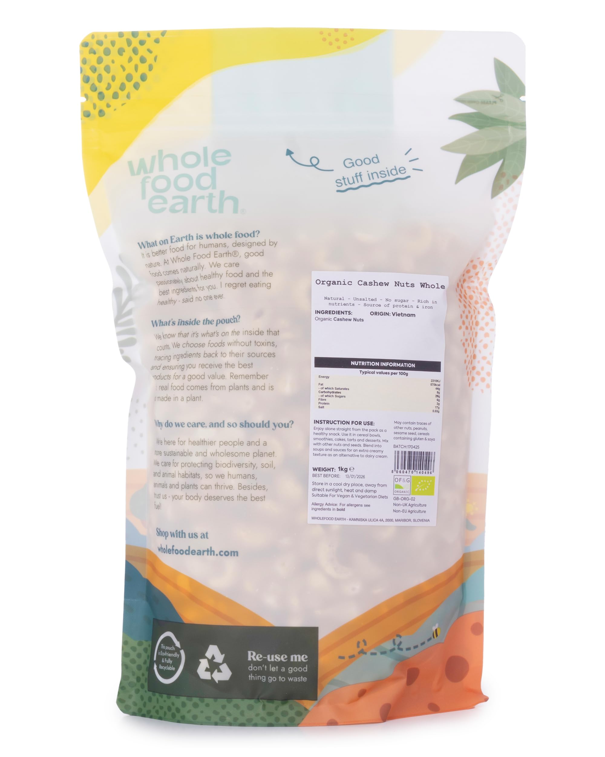 Wholefood Earth Organic Cashew Nuts Whole – 1 kg | Raw | GMO Free | Vegan | High Fibre | Source of Protein | Certified Organic