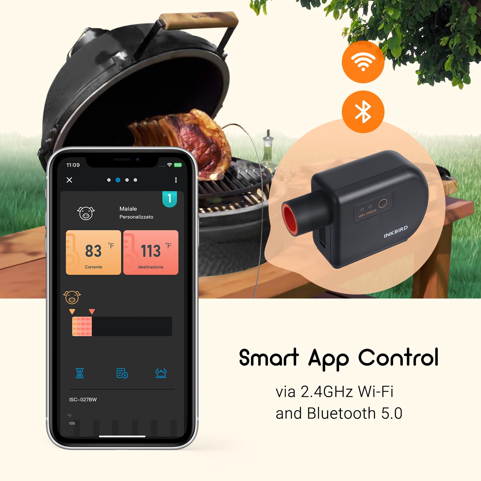 Inkbird Grillgebläse Bluetooth 5.1 und Wi-Fi 2,4 GHz Grillventilator, Automatischer Smoker Grillthermometer mit 4 Sonden Kompatibel mit Big Green Egg, Kamado Joe, Primo, Vision Grill, Akorn Kamado