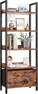Furologee 5-Tier Bookshelf, Tall Bookcase with 2 Storage Drawers, Adjustable Industrial Display Standing Shelf Units, Wood and Metal Storage Rack for Living Room, Bedroom, Home Office Rustic Brown