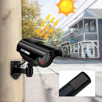 Solar Powered Fake Security Cameras, Bullet Dummy Security Camera, Simulated Surveillance Camera with Flashing Light and CCTV Stickers for Home Businesses Indoor/Outdoor (2 Packs, Black)