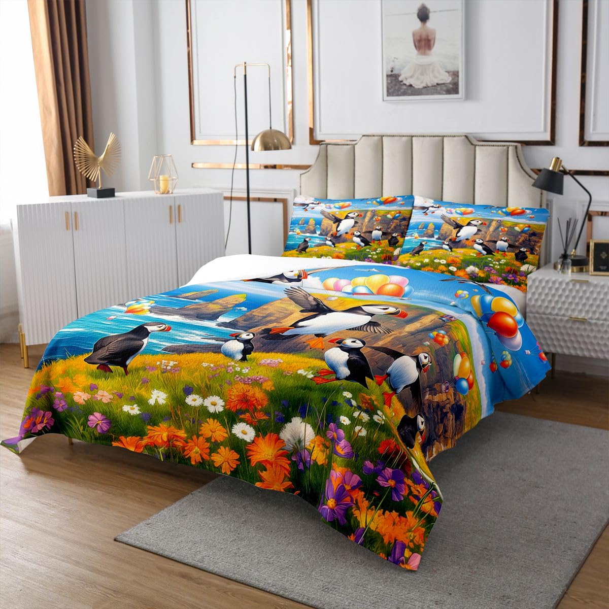 Homewish Juego de colcha de regalo de frailecillos, tamaño King, con temática de pájaros oceánicos, paisaje costero, juego de edredón para niños, adolescentes y niñas, ropa de cama acolchada con