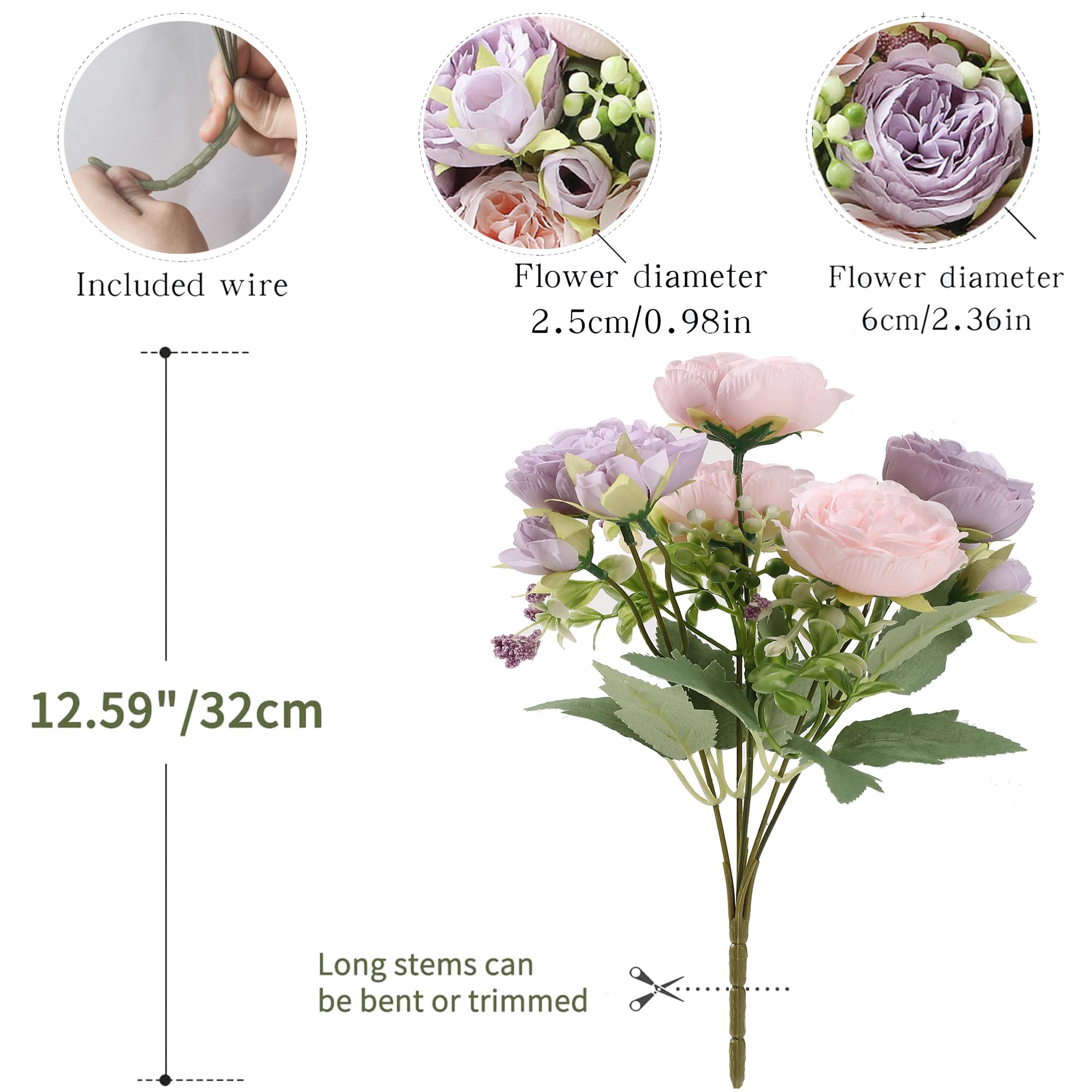 HNVNER 2 Bunches Fake Peonies Artificial Flowers, Silk Peony Bouquet for Home Wedding Party Decoration Pink-Purple - Image 3