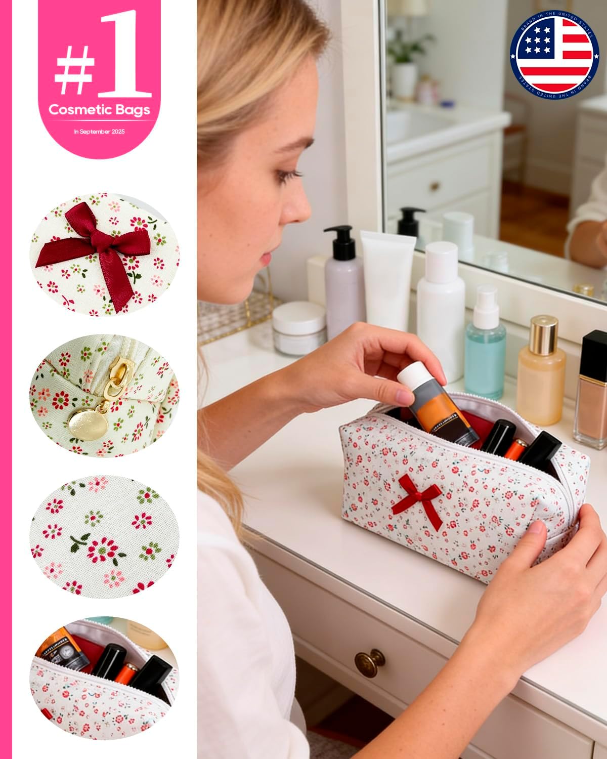 9 Pack Quilted Makeup Bag, Floral Makeup Bags Bulk Set - Travel Toiletry Pouches, Organizer for Bathroom, Gym, Emergency Kits, Vacation Essentials