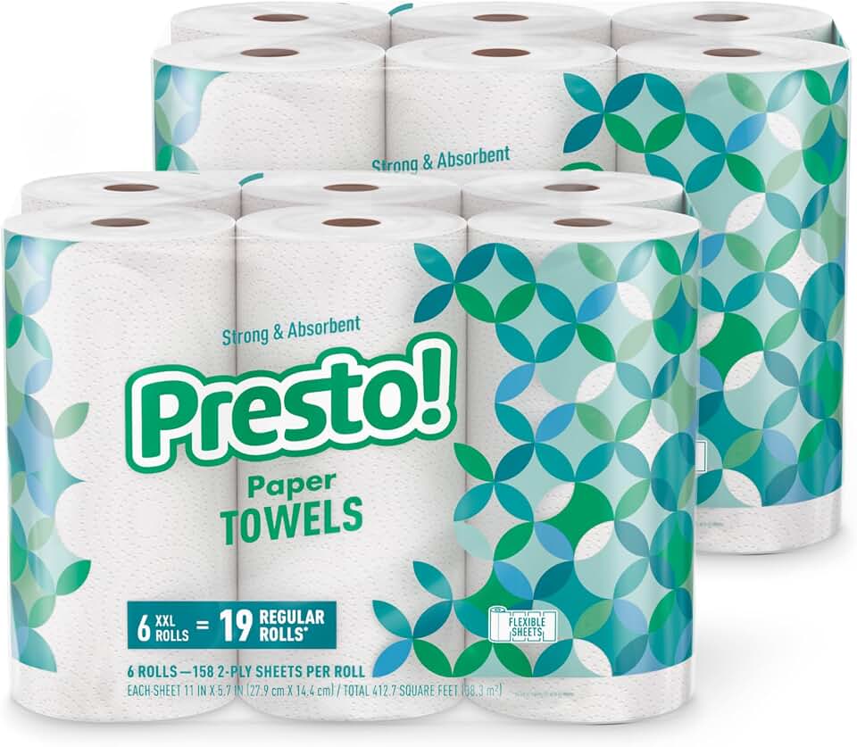 Amazon Brand - Presto! Ultra-Strong Premium Paper Towels, 158 Sheet Huge Roll - Flex-a-Size, 12 Rolls (2 Packs of 6), Equivalent to 38 Regular Rolls, White GreenCircle Certified: Certified Environmental Facts Label The Forest Stewardship Council
