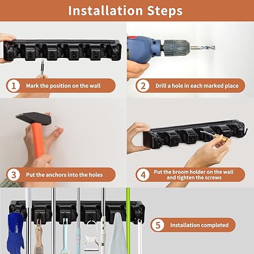 Miniatura 6 de Paquete de 2 soportes para trapeador y escoba, organizador de herramientas de jardín montado en la pared, soporte de herramientas ideal para