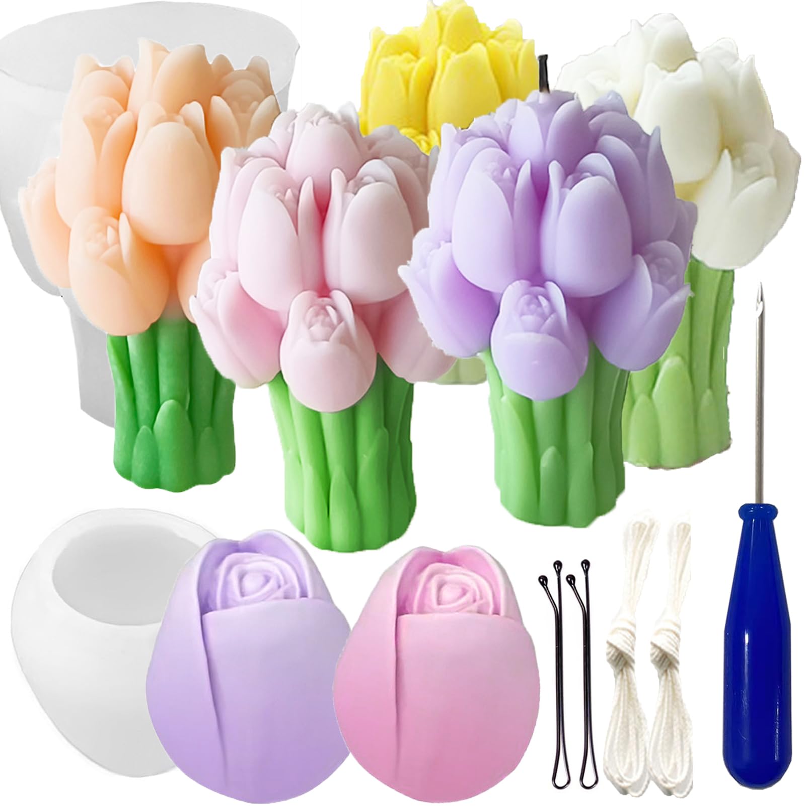 2 moldes de silicona para ramo de tulipanes, molde de vela de flor de tulipán con punzón de molde y aguja de gancho para velas par