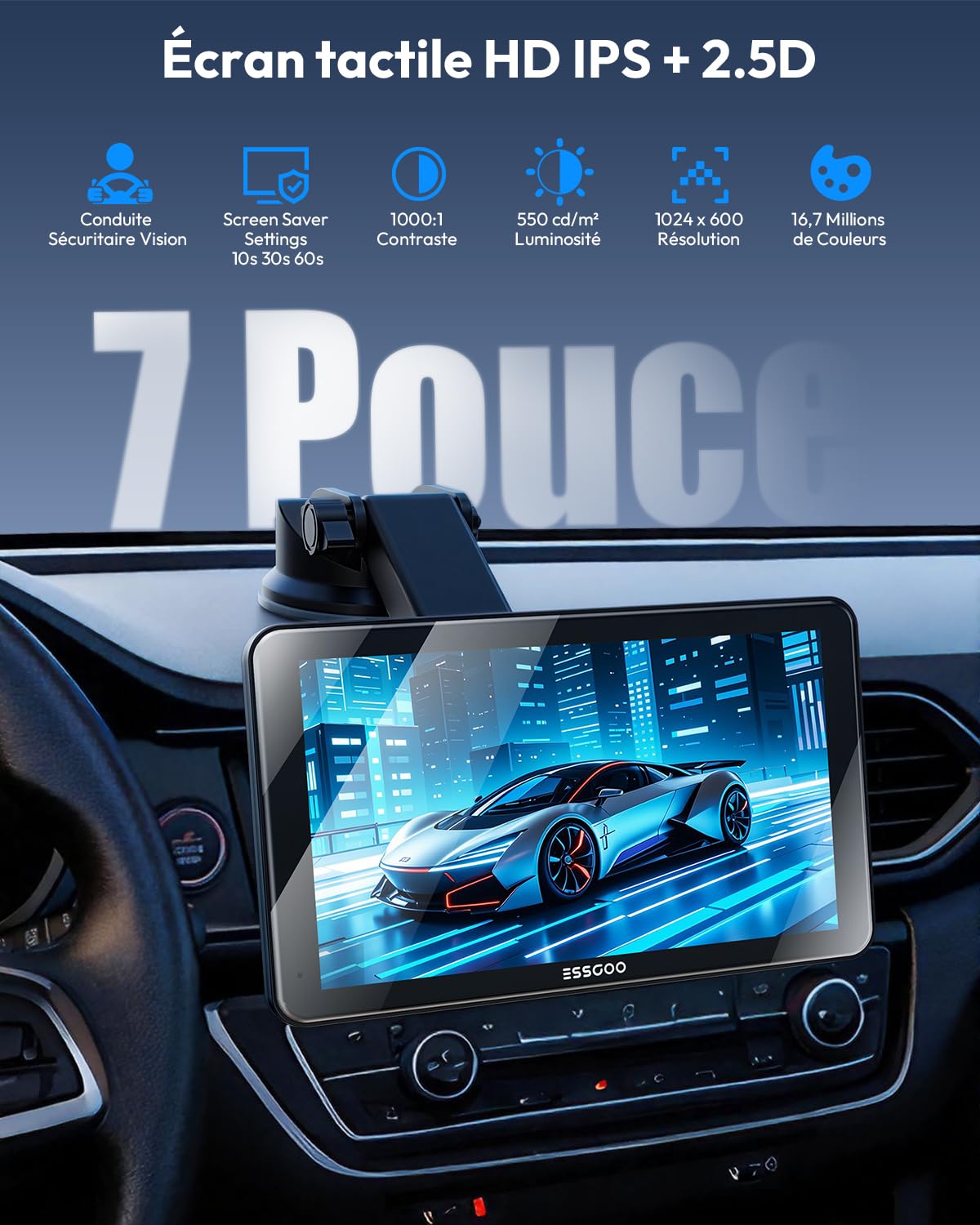 ESSGOO 7 Pouces Écran Voiture sans Fil avec Caméra de Recul,Compatible avec A-pple CarPlay & Android Auto,Supporte GPS,Siri & G-oogle Assistant,WiFi 5.8G/Bluetooth V5.3,FM,Adapté à Plusieurs Véhicules