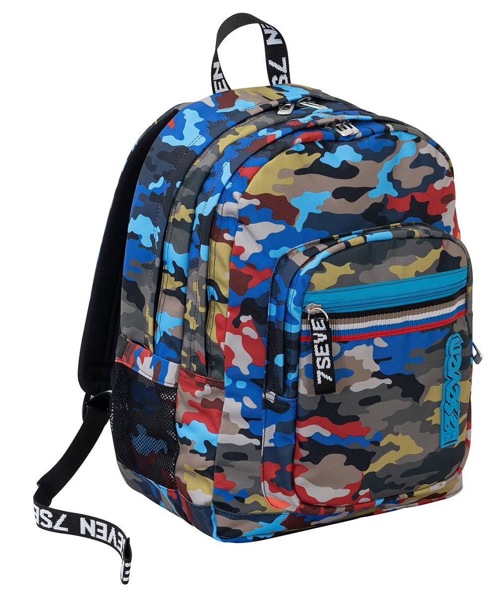 Seven Schulranzen, Geräumige Schultasche für Teenager, Mädchen und Jungen, mit Trinkflaschenfach und USB-Anschluss, für Schule, Sport, Freizeit, Geschenkidee, mehrfarbig