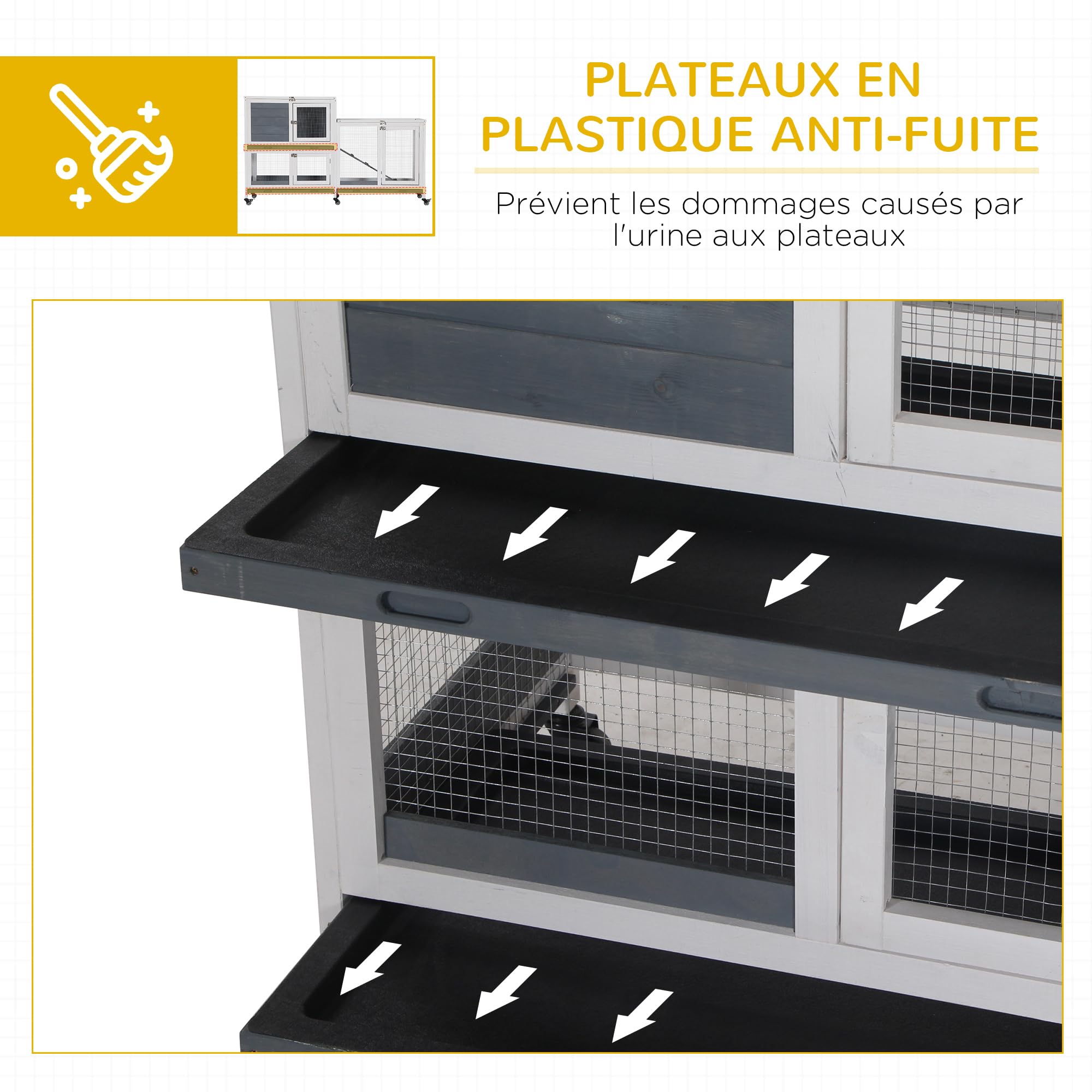 PawHut Clapier à Lapin en Bois sur roulettes 147 x 45,5 x 88,5 cm Cage à Lapin à 2 Niveaux avec Toit ouvrant 3 Plateaux Amovibles 3 Portes avec loquet et Rampe Gris