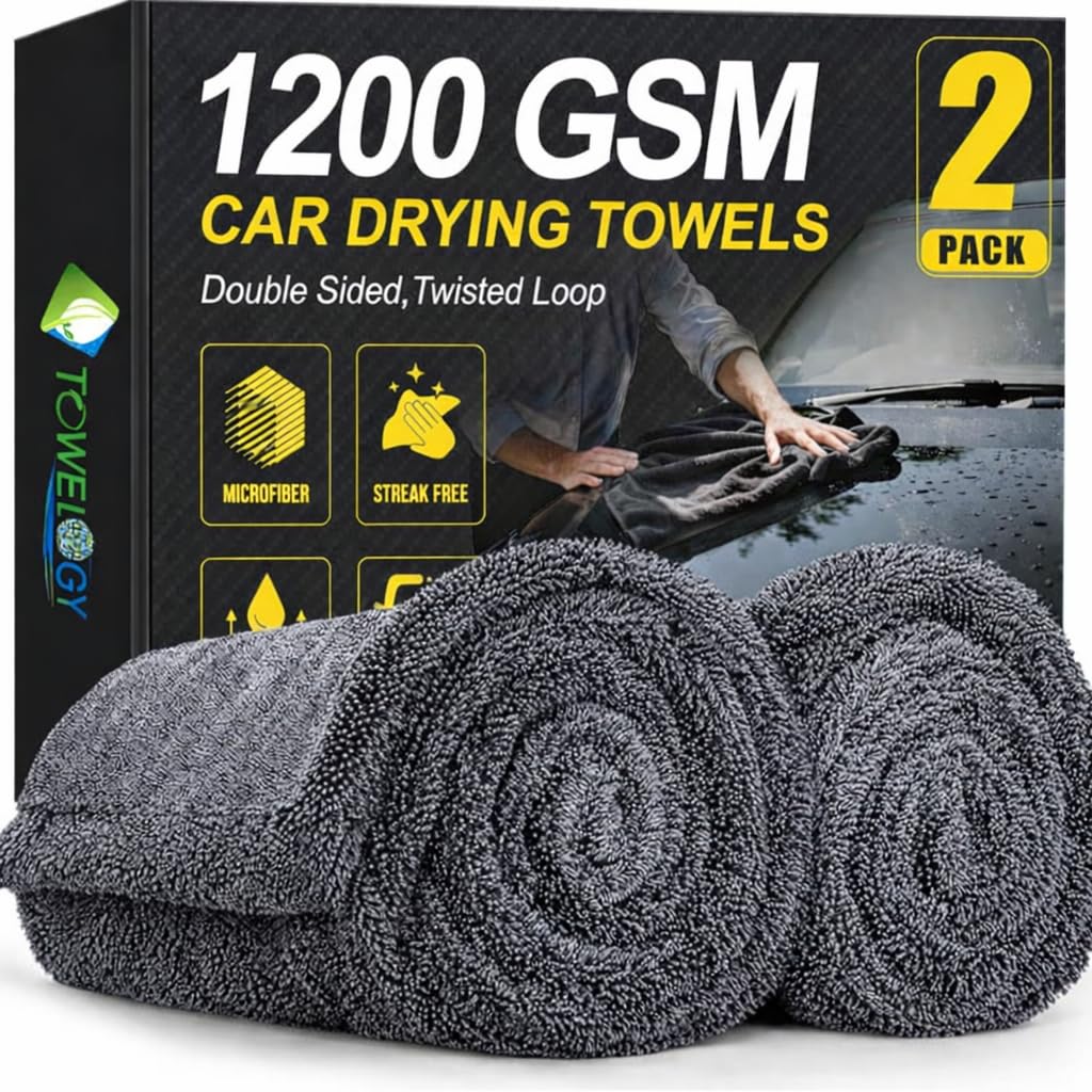 Towelogy® 2-Pack Professional Car Drying Towels 1200GSM DUAL Thick XL Twisted Loop Microfibre Extra Large Drying Detailing Towel 60x40cm
