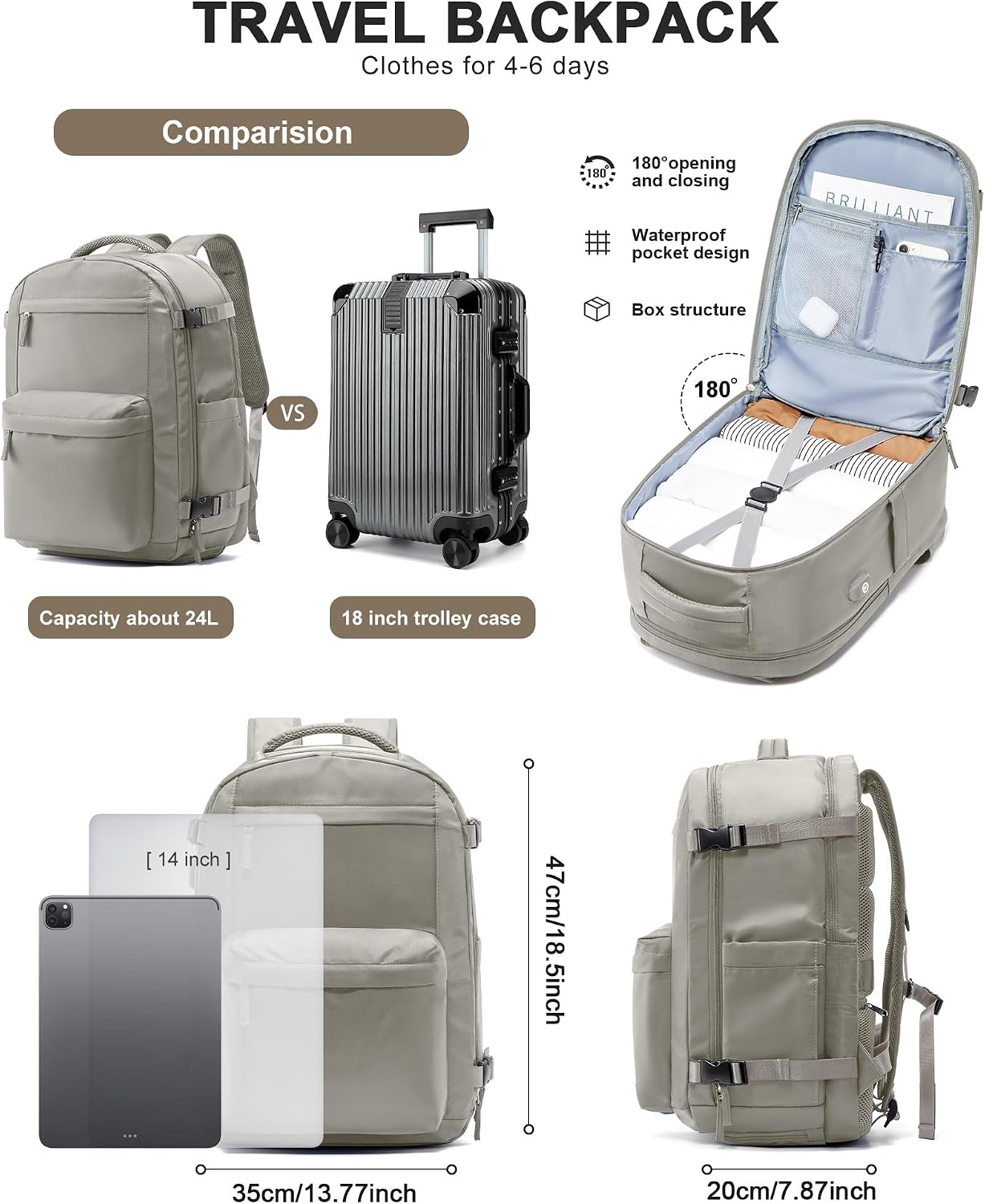 Large Travel Backpack For Women Men,Mochila de Viaje,Carry On Backpack with USB Charging Port & Shoe Pouch,Airline Approved Personal Item Travel Bag,Waterproof Luggage Backpack(Gray Brown)