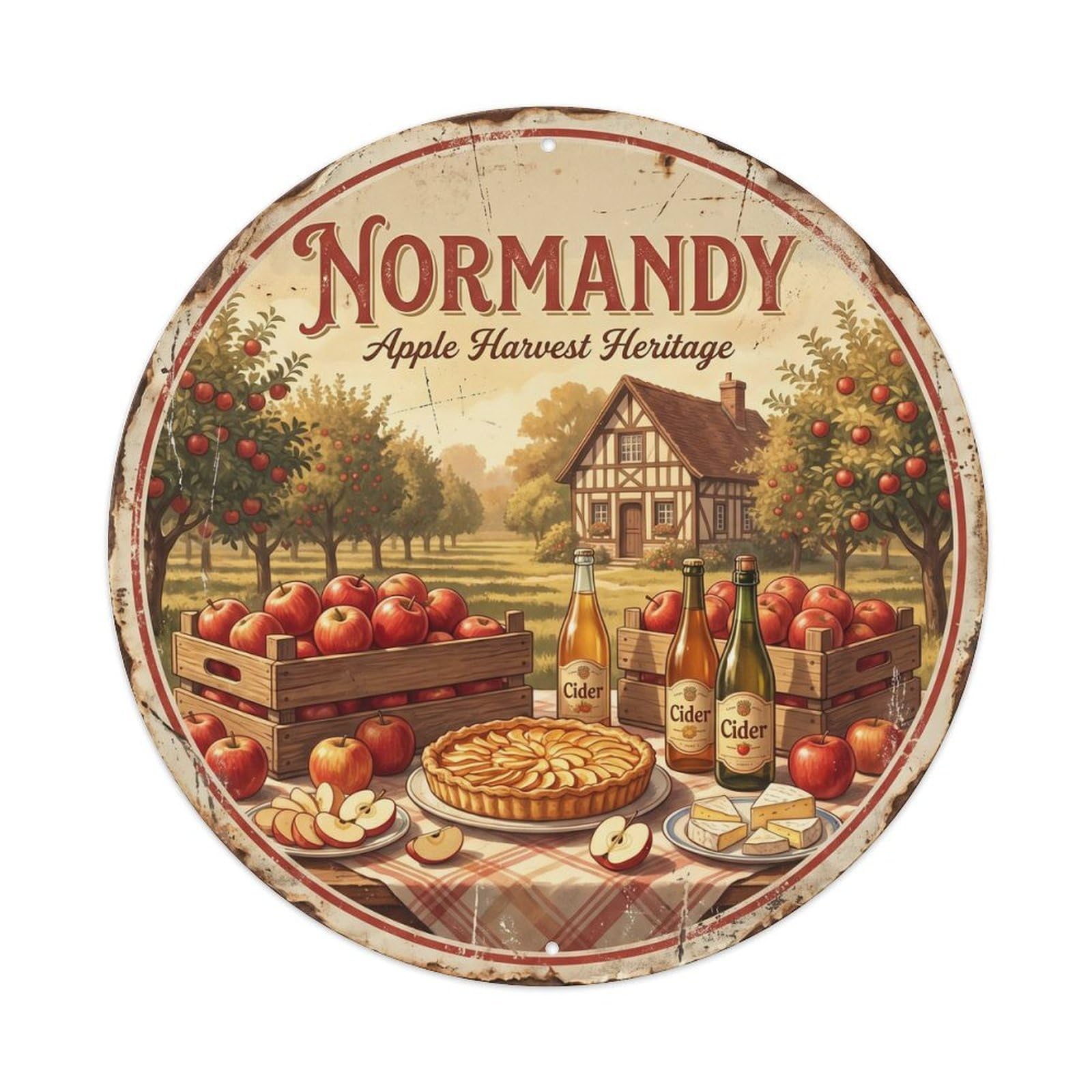 Vintage Travel French Apples Normandy Metal Tin Sign Plaque Wall Decor for Cafe, Club, Garden Round Metal Poster 8x8Inch
