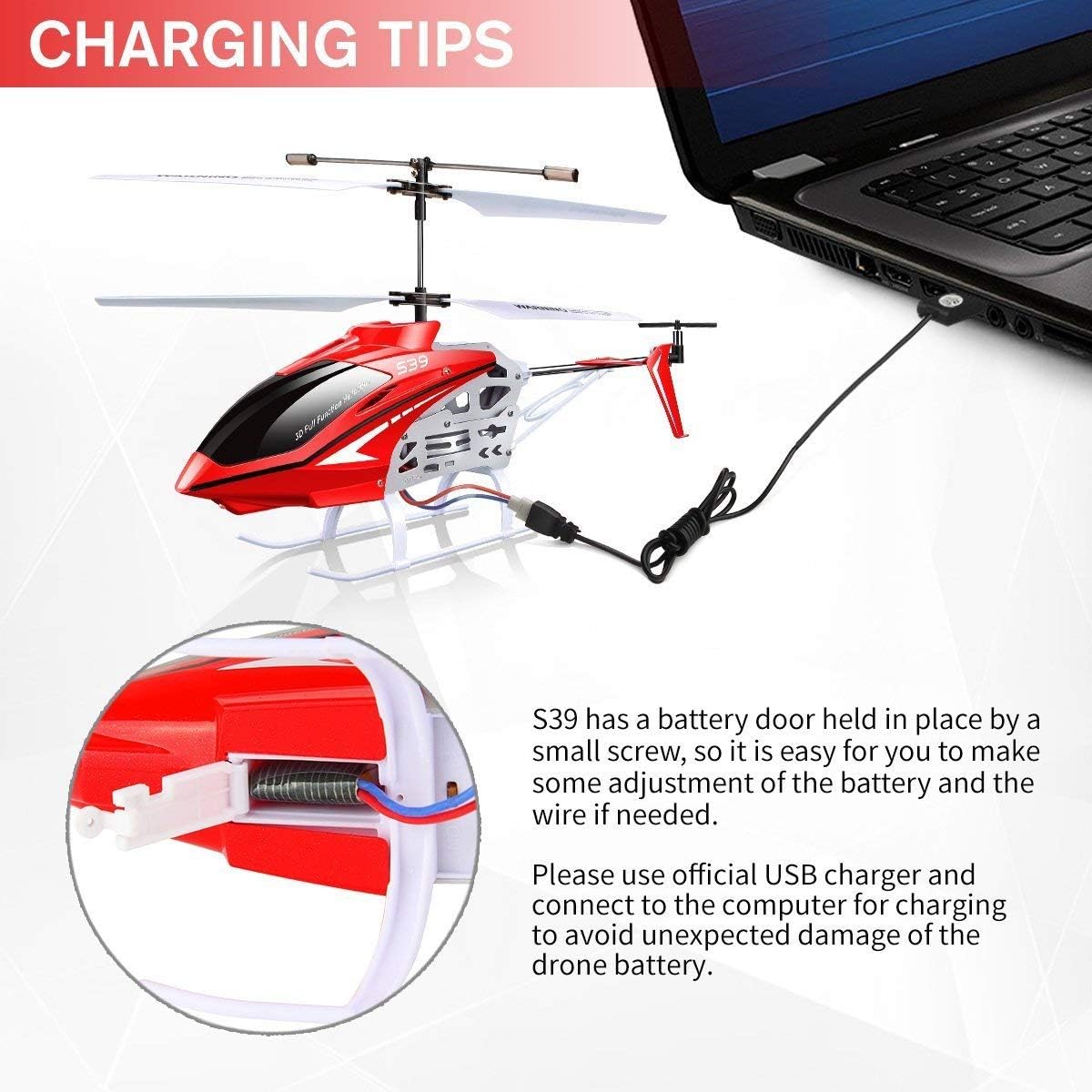 Diagram der viser, hvordan man oplader SYMA S39 helikopterbatteriet med et USB-kabel