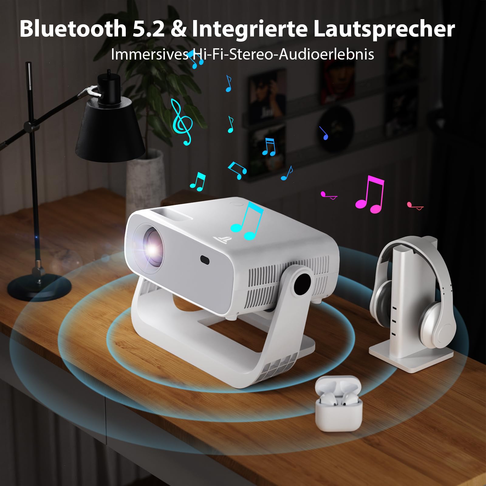 Wielio 2025 Neuer Smart Beamer,Integrierte Apps,Android 11,Native 1080P mit 4K Unterstützung,Trapezkorrektur,WiFi 6&Bluetooth 5.2,20000 Lumens,Heimkino Beamer Kompatibel mit iOS/Android/PS5