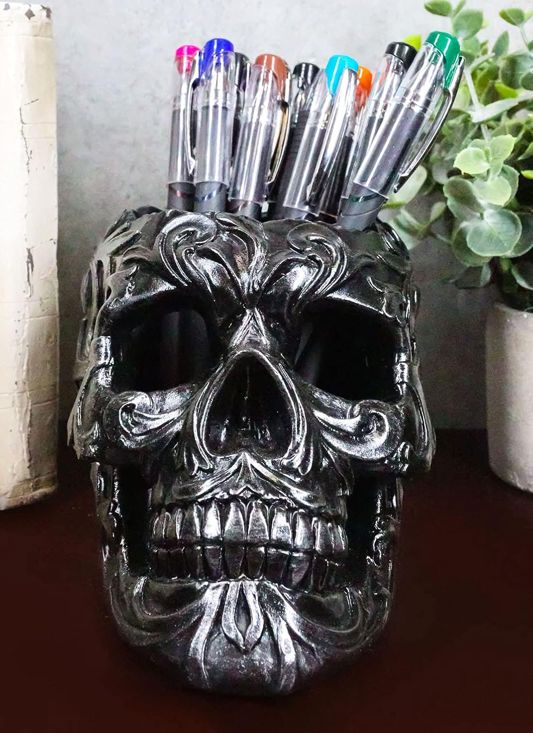 Ebros Gift Tribal Tattoo Floral Skull Pen Holder Figurine 5.75" L Office Desktop Ossuary Skulls Decor Cranium Skeleton Head Stationery Holder As Halloween Macabre Graveyard Spooky Decorative Statue