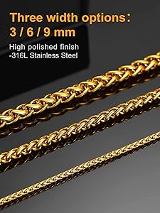 Weizenkette Edelstahl Für Damen & Herren - 3/6/9mm Breit, Versilbert/vergoldet/schwarz, 46-76cm Länge