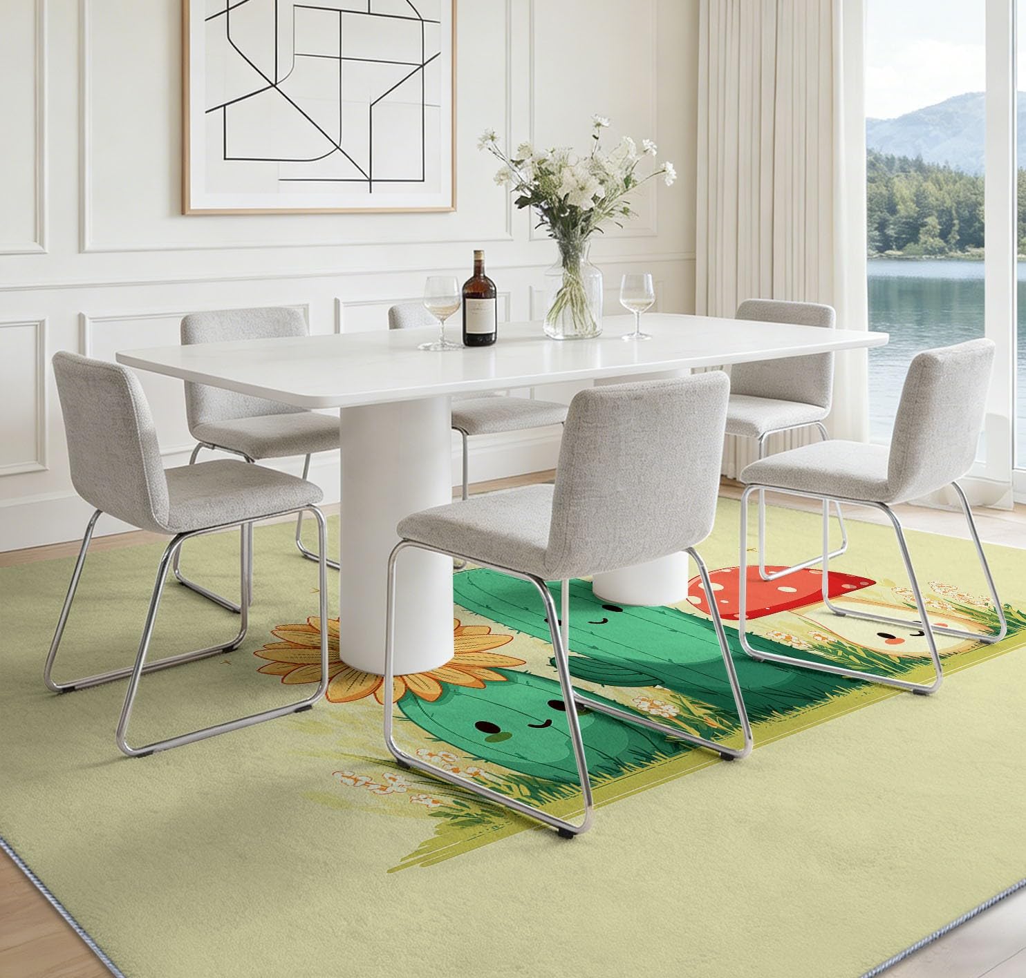 Alfombra antideslizante con diseño de cactus y girasol, 160 x 230 cm, alfombra de suelo para dormitorio de niños y niñas, alfombra de suelo para sala de estar, dormitorio, alfombra de juegos, lavable