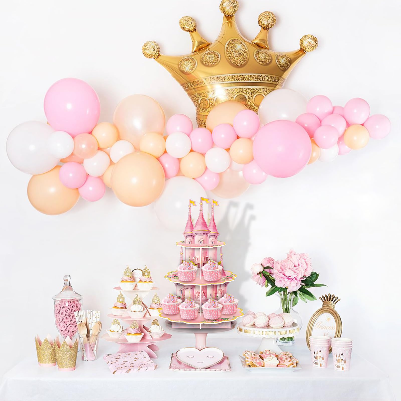 Cupcake-Ständer 3-stöckig Mit 24 Toppern – Rosa Schloss-Design, Pappe, Für Prinzessinnen-Partys