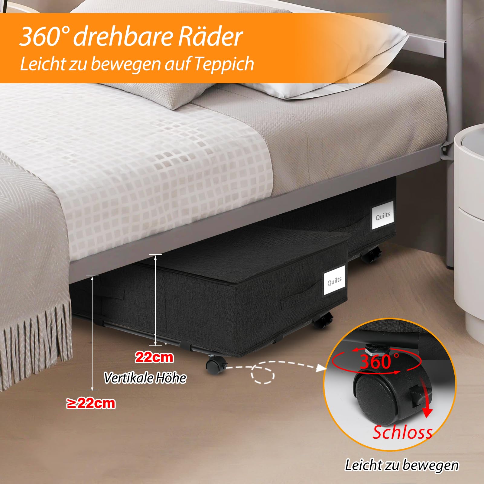 Unterbettkommode groß mit Rollen 360°Drehung, Unterbett Aufbewahrungsbox mit 3 Griffe, Aufbewahrungsbox mit deckel, Ultra dicken Bettdecken Aufbewahrung, bettkasten mit Rollen Schwarz(2 Stück)