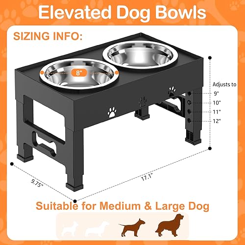 Miniatura 5 de Elevated Dog Bowls with 2 Stainless Steel Bowls, Raised Dog Food Bowl Stand 5 Height Adjustable (3.1", 9", 10", 11", 12") Non-Slip Feeder Station