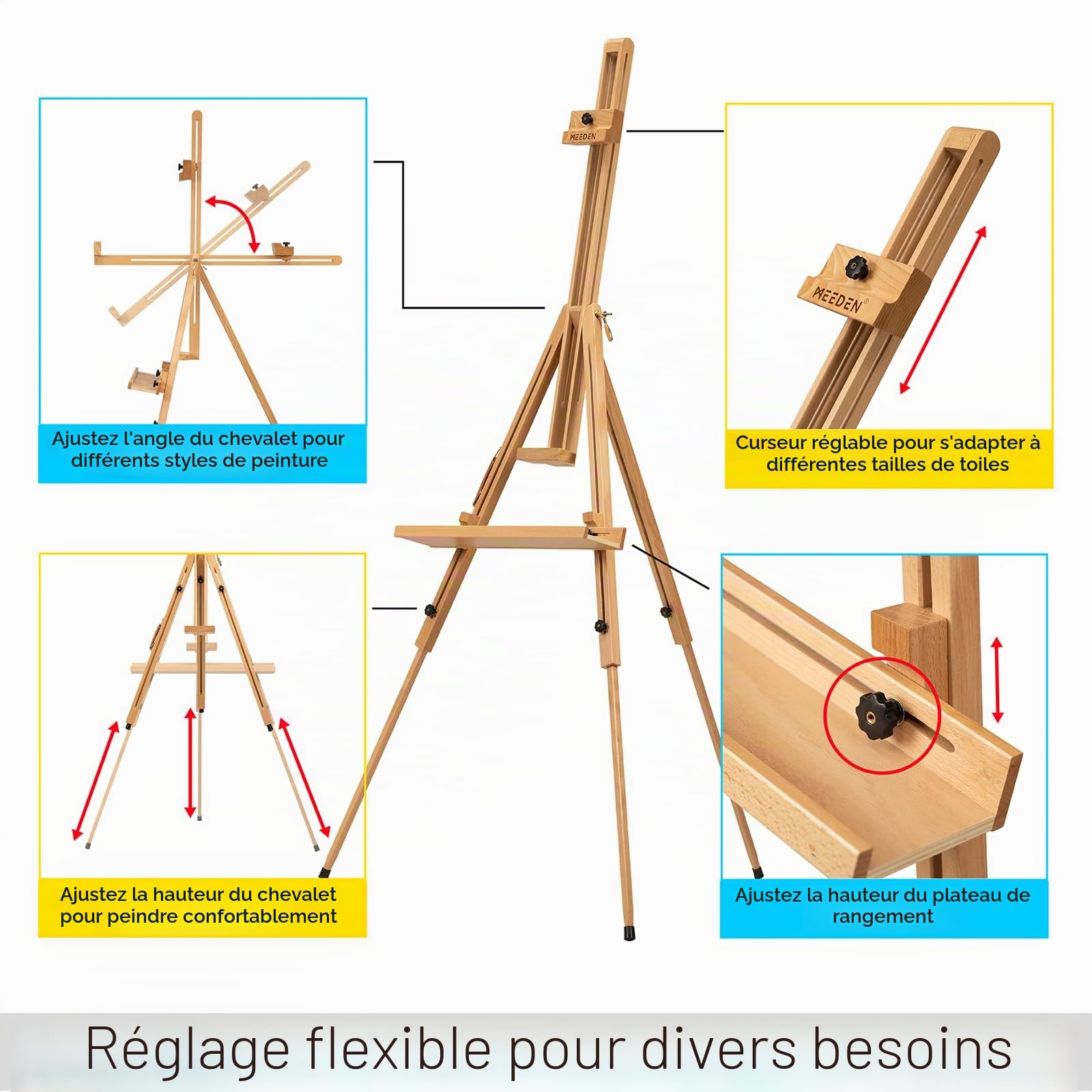 MEEDEN Chevalet de peinture sur le terrain pour trépied - Chevalet de trépied réglable et portable en bois de hêtre - Parfait pour les peintres