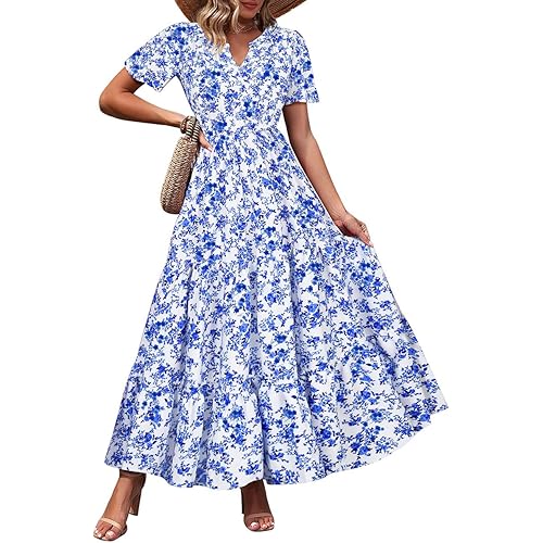 TIYOMI Women Plus Size Dress Boho V Neck Short Sleeve Beach Maxi Dresses Floral/Stripe/Leaves/Lemon XL-5XL