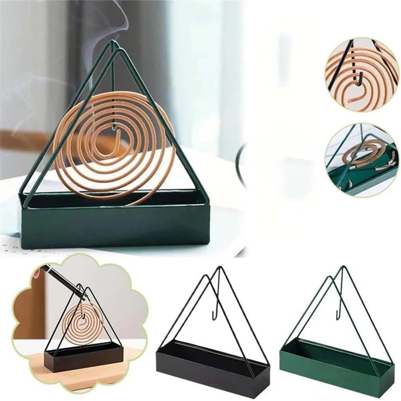 New Coil Incense Burner Mosquito Coils Holder 2024 Upgrade Full Metal Triangular Hanging Coil Tray Ash Catcher Storage Bracket Coil Vertical Stand Support Base for for Indoor Outdoor Camping