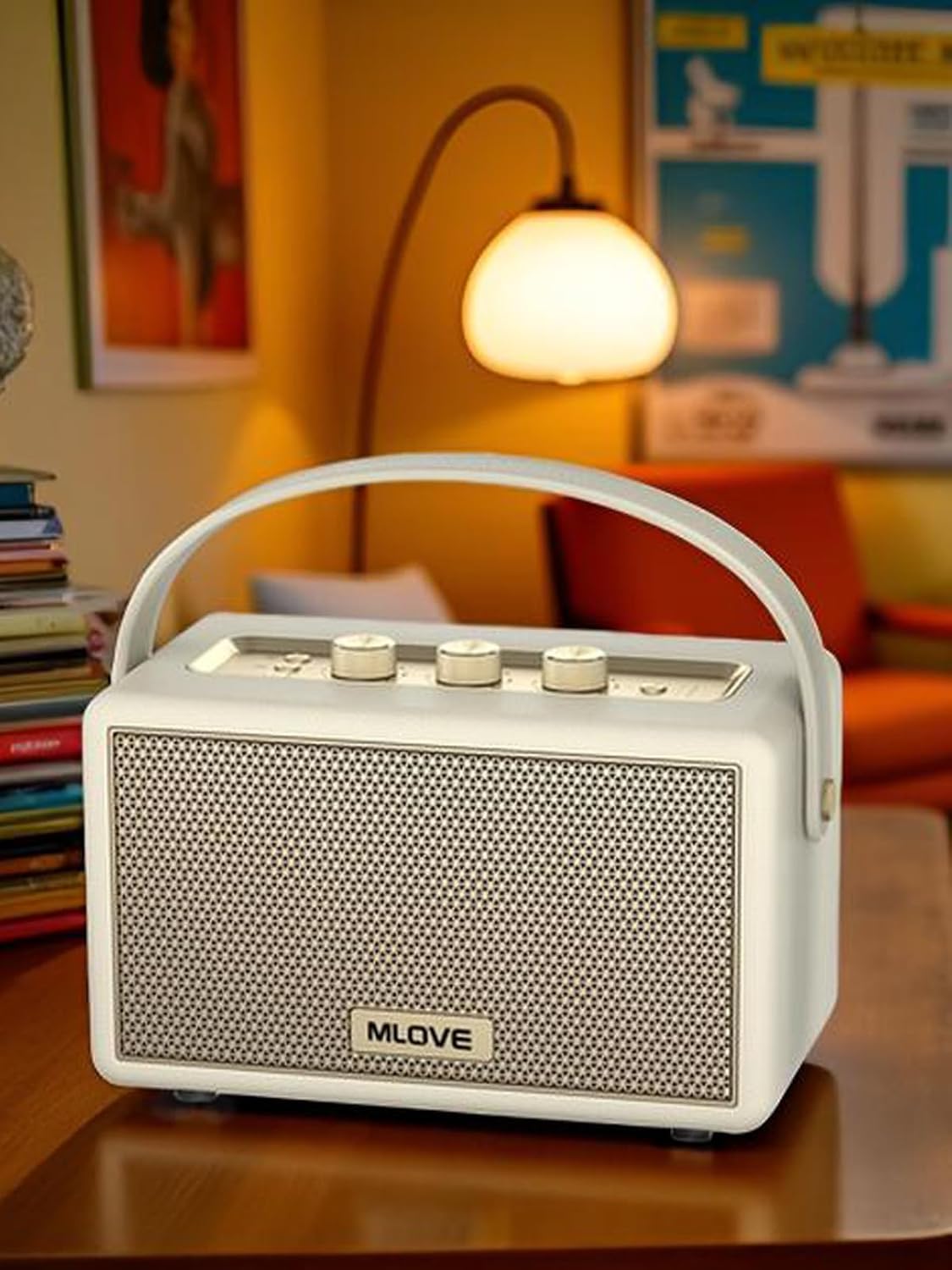MLOVE A200 Portable Retro Bluetooth Speaker with Aux Input, USB Port, Micro SD Card Slot - Decorative Wireless Bookshelf Speakers Battery Powered, House Warming Gifts for New Home, White Strap