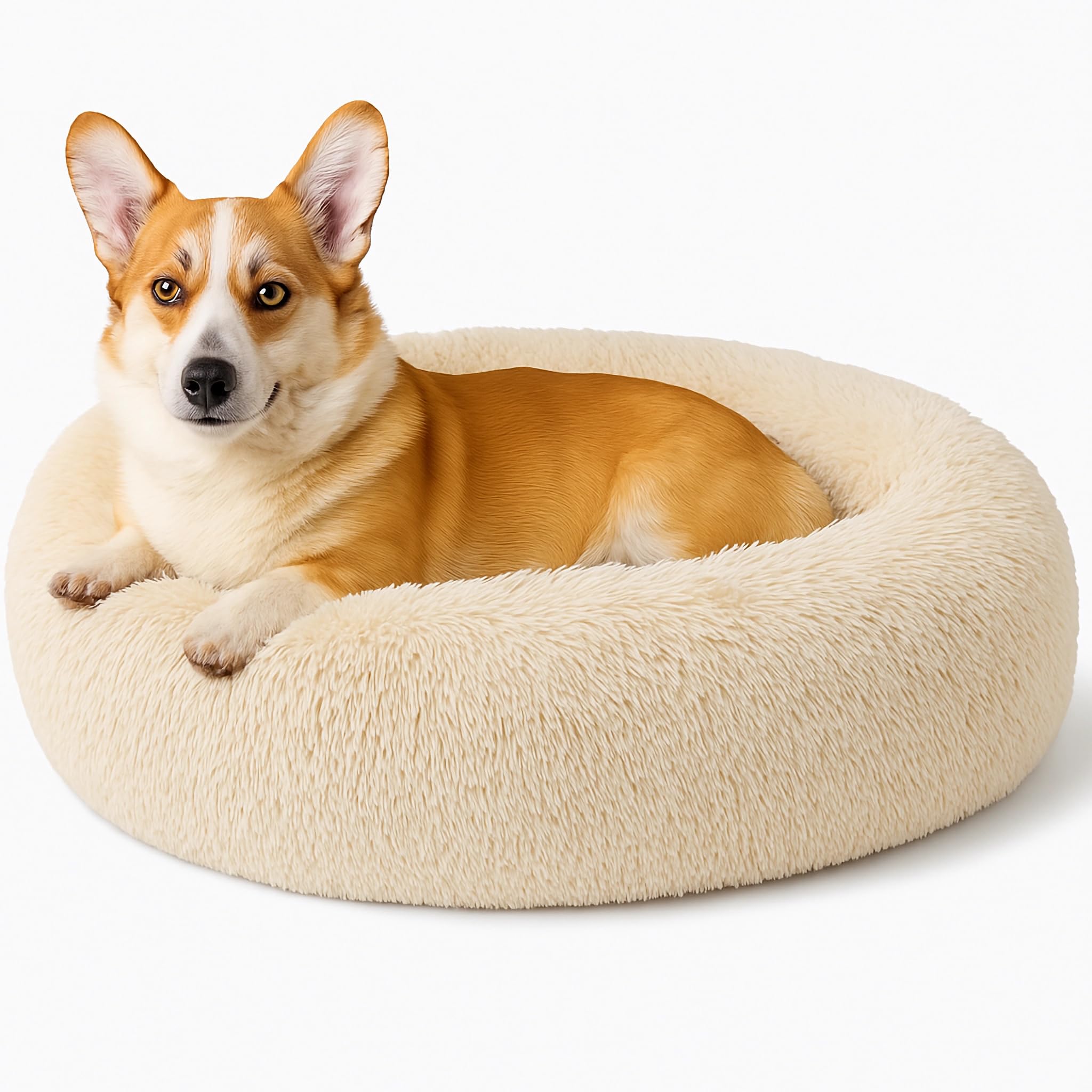 SEOUGEE Calming Donut Dog Bed, Fluffy Plush Round Cat Bed, Cosy Soft Washable Cushion Self-Warming Pet Beds with Non-Slip Bottom, Indoor Sleeping Cuddler Nest for Medium Large Dogs (Cream 80cm)