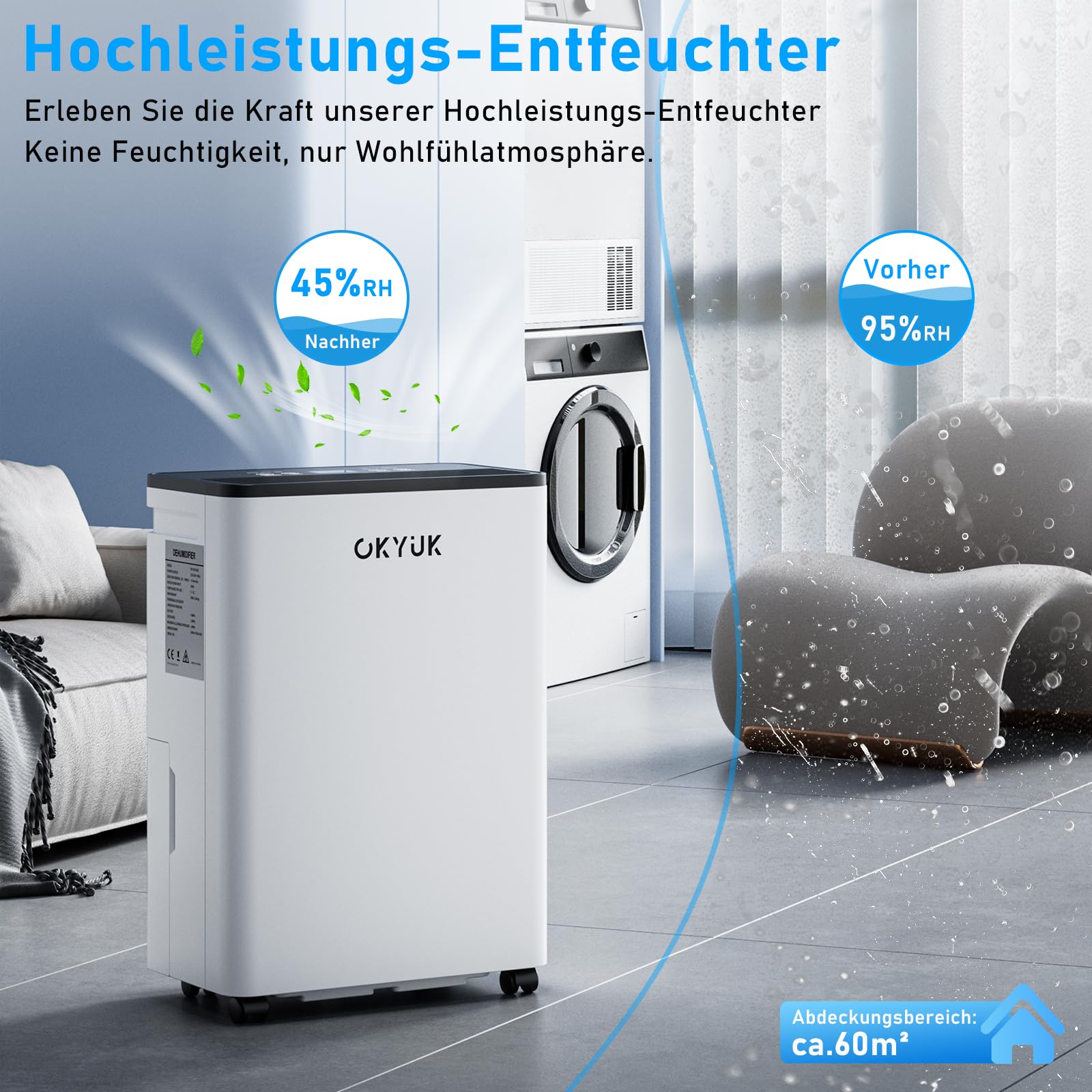 OKYUK Deumidificatore Casa Muffa 12 L, deumidificatore bagno, deumidificatore casa 2.5L, 30 m², con spegnimento automatico Timing 24H, ideale per camper, bagno, camera da letto, cantina (12L Bianco)