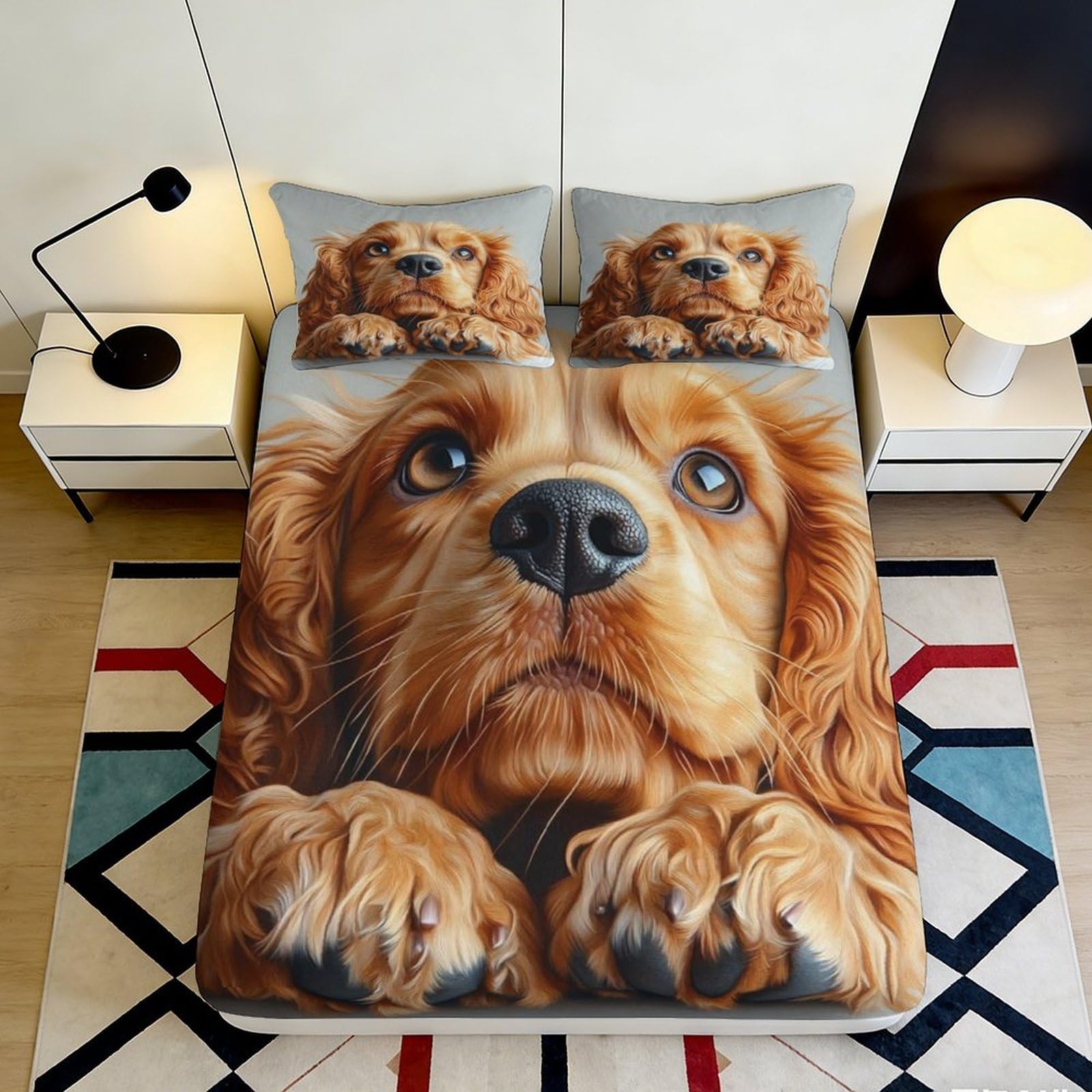3D Printed Dog Face Fitted Sheet Microfiber Brown Puppy Bed Cover Anti-Slip Easy Care for Bedroom Guestroom Decor 90x200x25cm